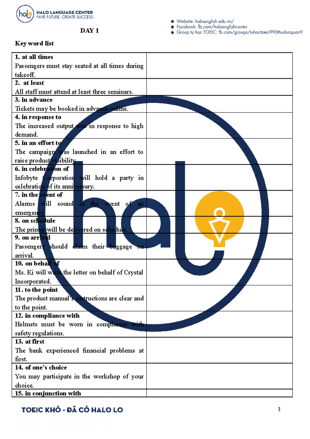 DAY 1 EV mỗi người @@@tiktik. - DAY 1 Key word list 1. at all times ...