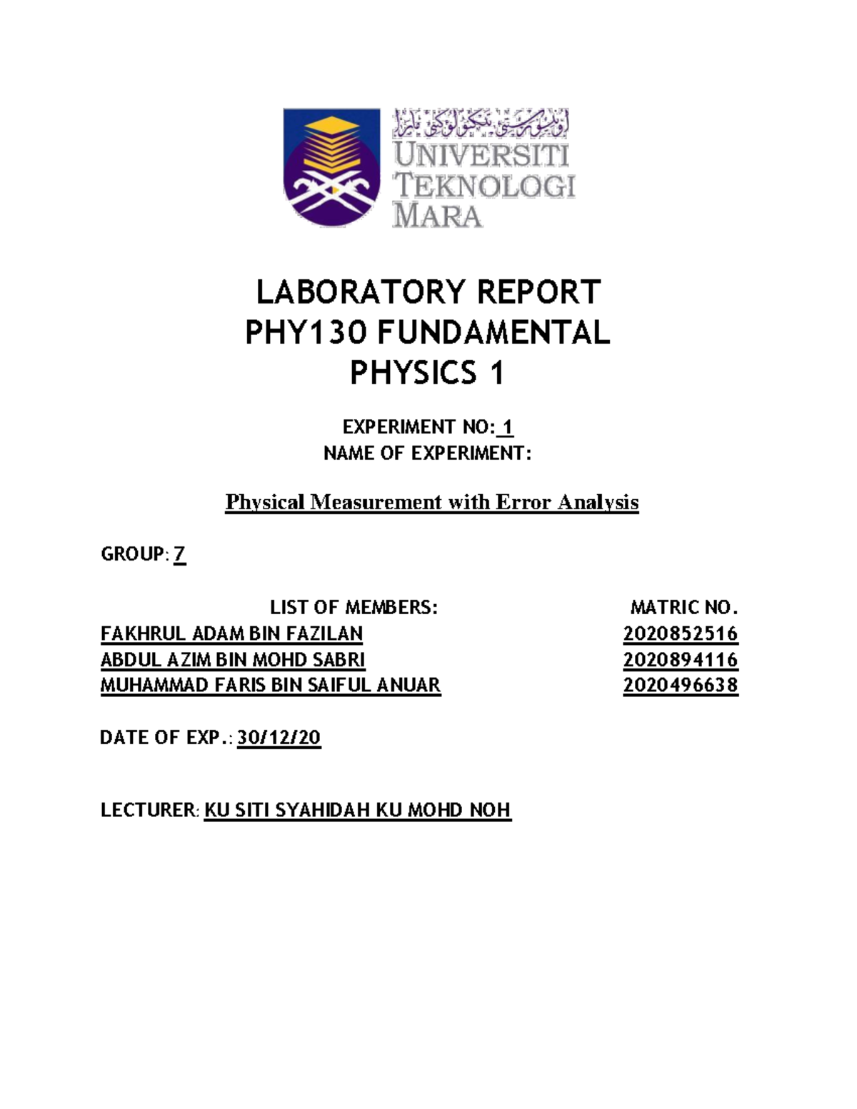 Lab 1 physical measurement with error analysis - LABORATORY REPORT ...