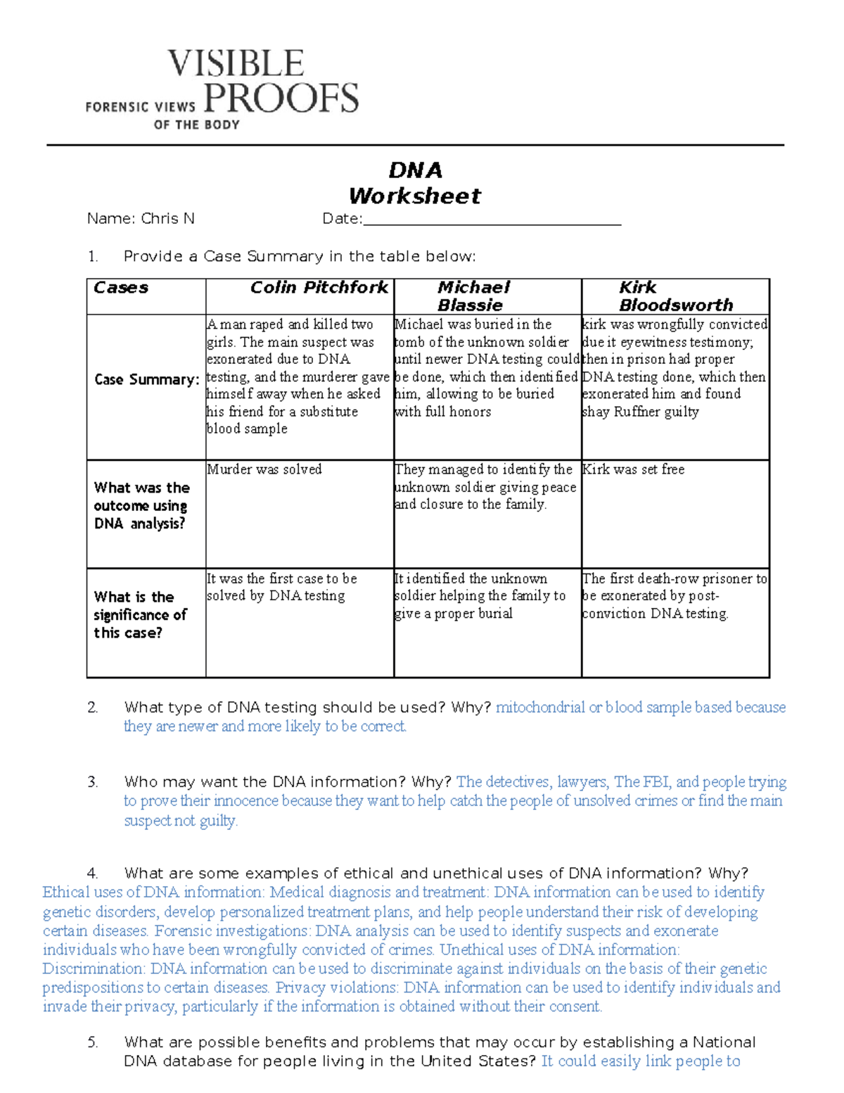 Dna cases worksheet-done - DNA Worksheet Name: Chris N Date: 1. Provide ...