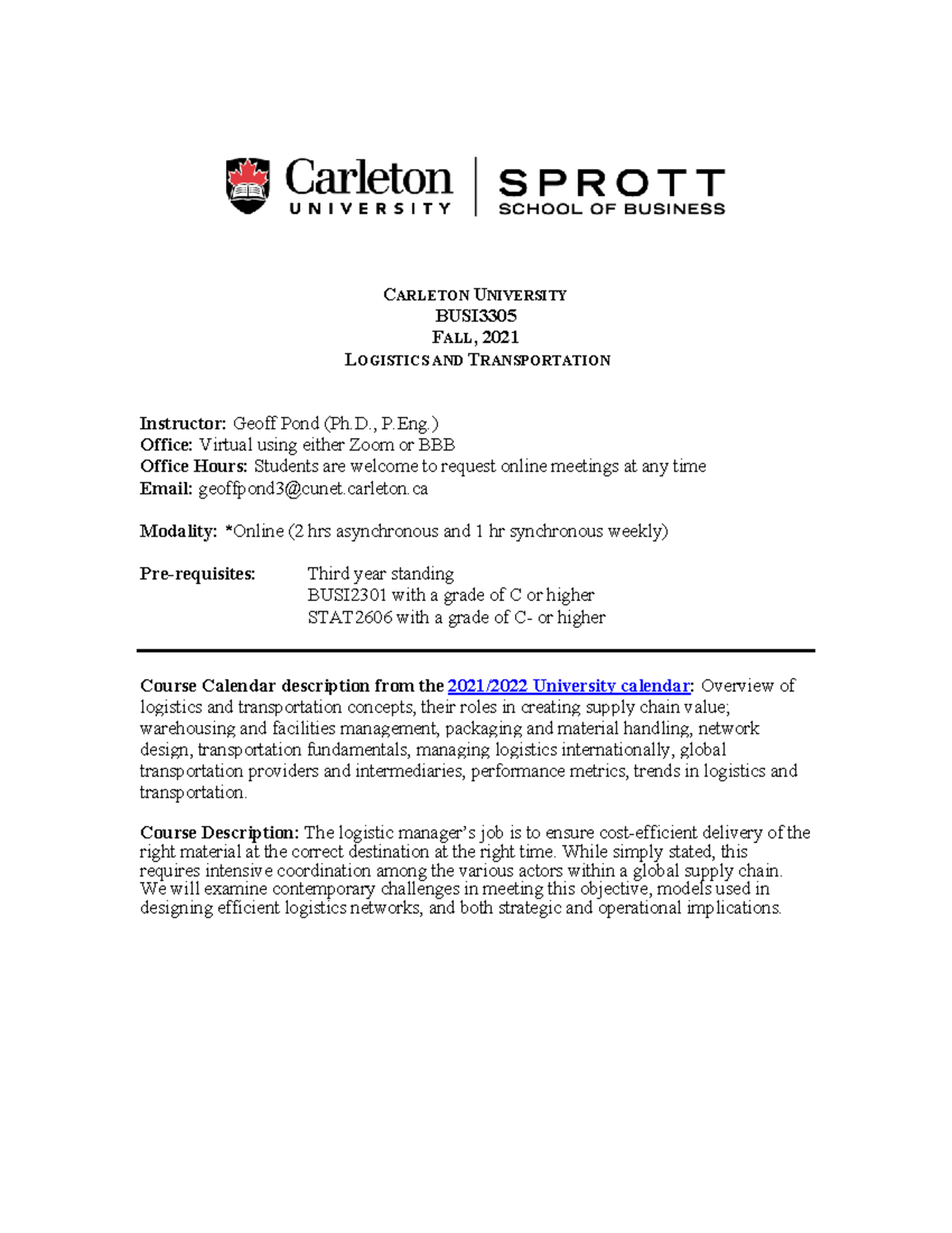 BUSI33051 course outline - Busi 3305 - Carleton - Studocu