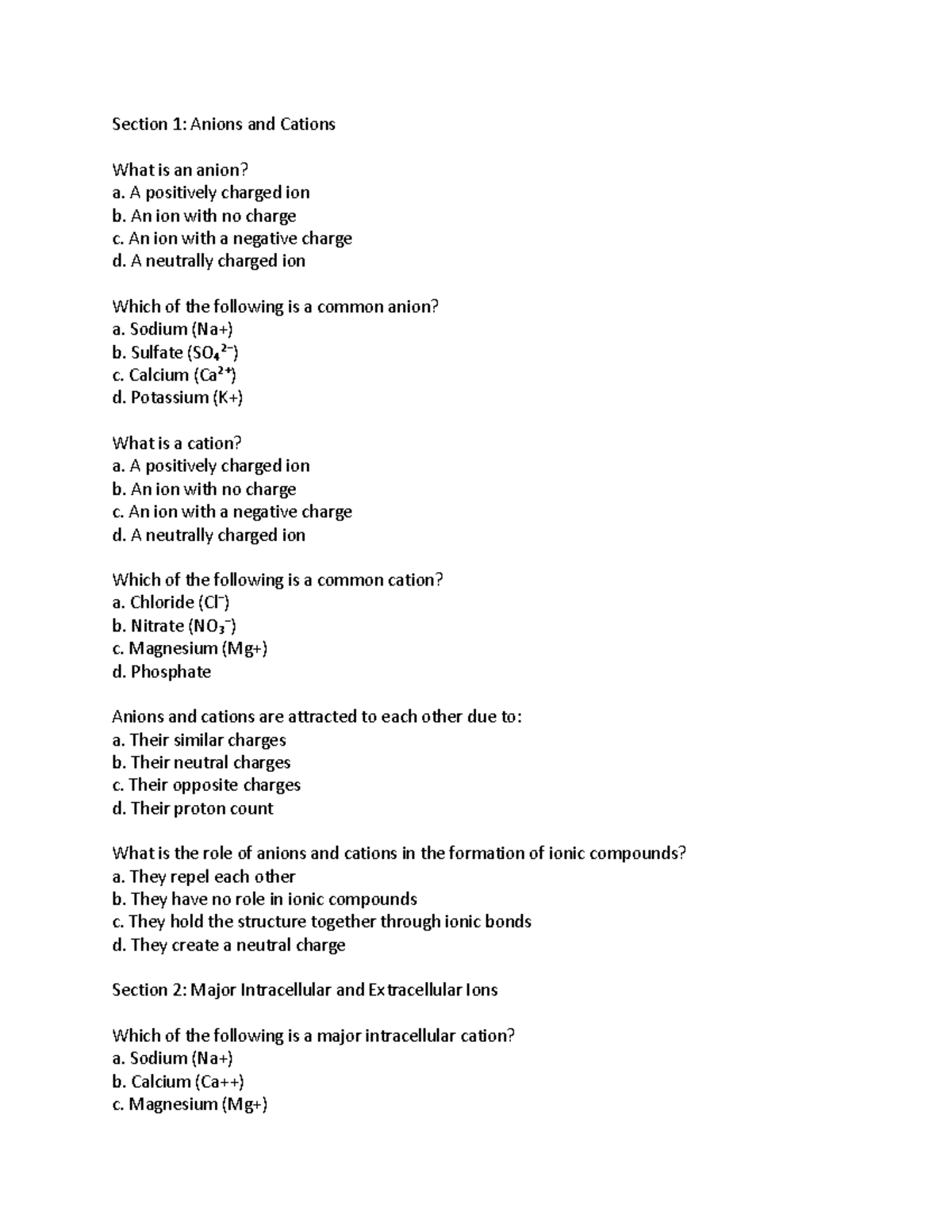 Electrolyes practice questions - Section 1: Anions and Cations What is ...