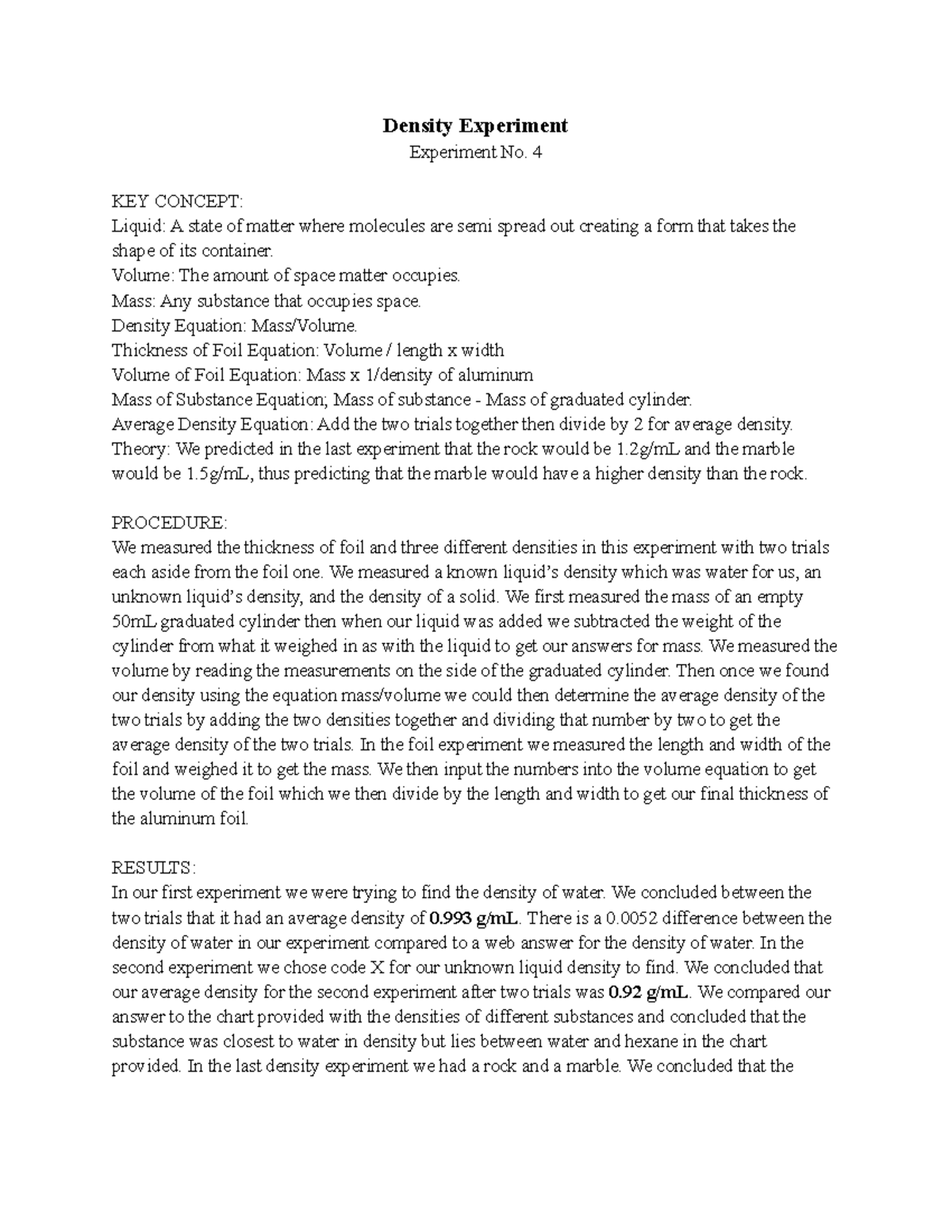 Lab summary 4 - Density Experiment Experiment No. 4 KEY CONCEPT: Liquid ...