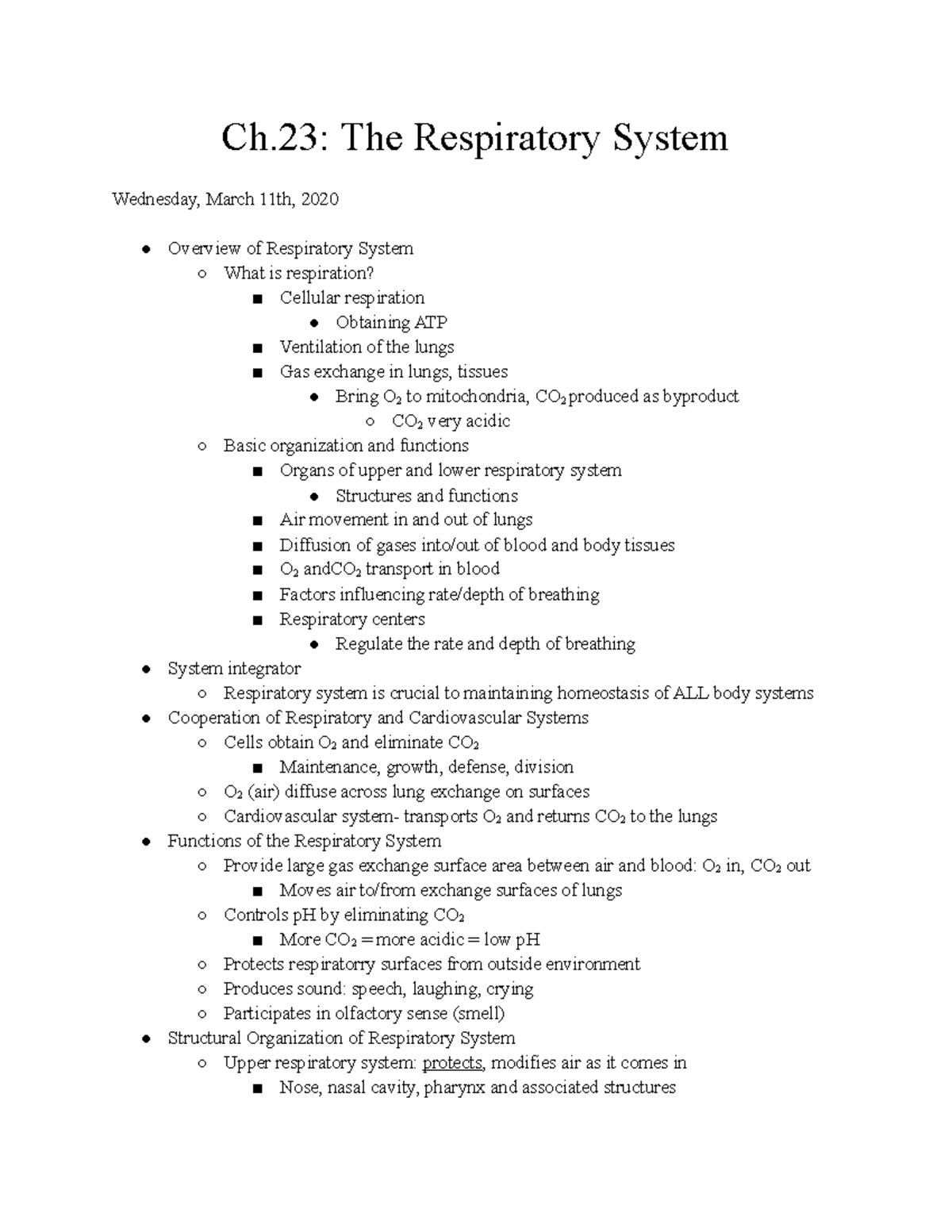 Ch.23 Respiratory System & Ch.27 Acid Base Balance- Classnotes - Ch ...