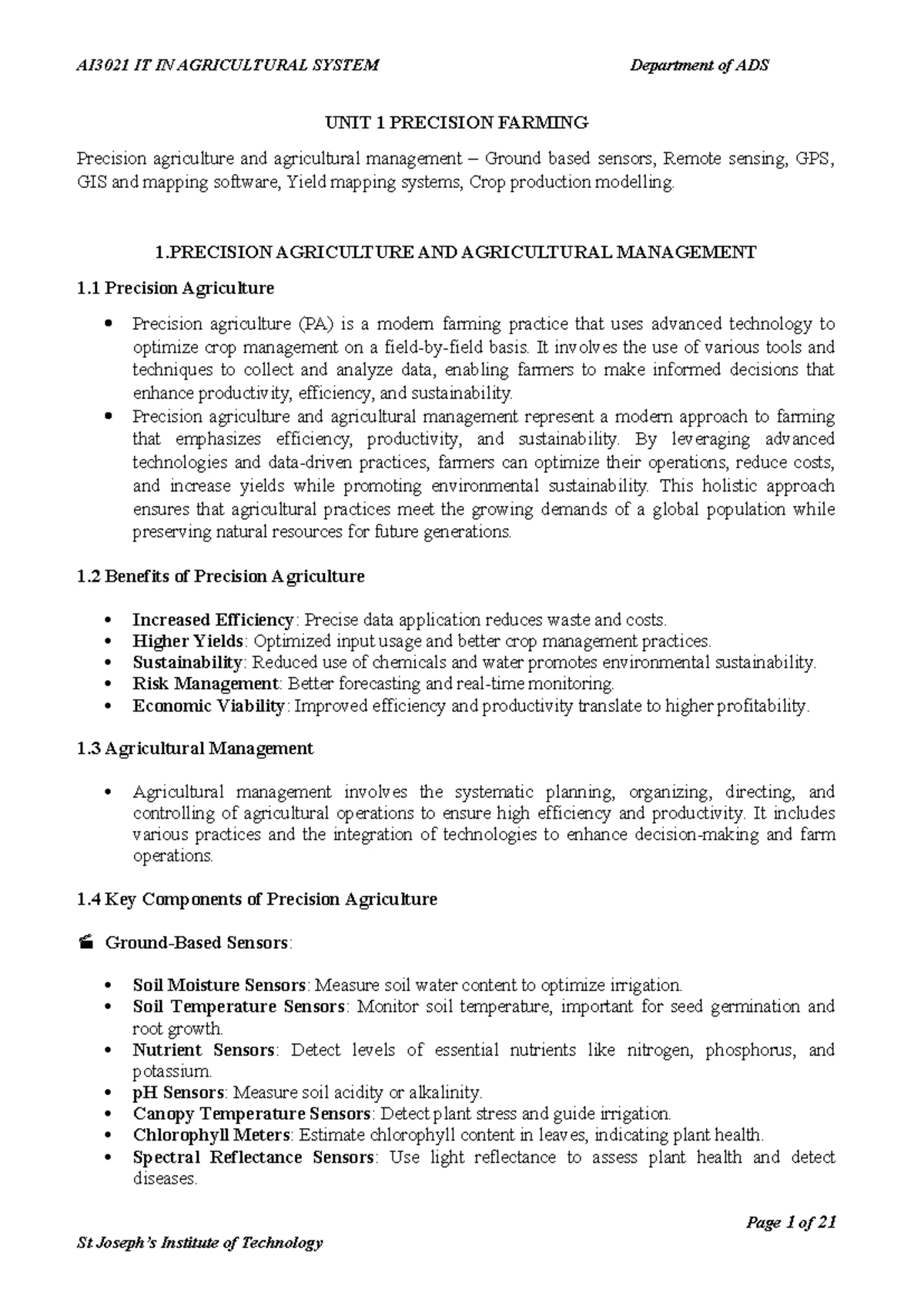 Document from DK - This notes is unit 5 - 1 UNIT I Precision Farming ...