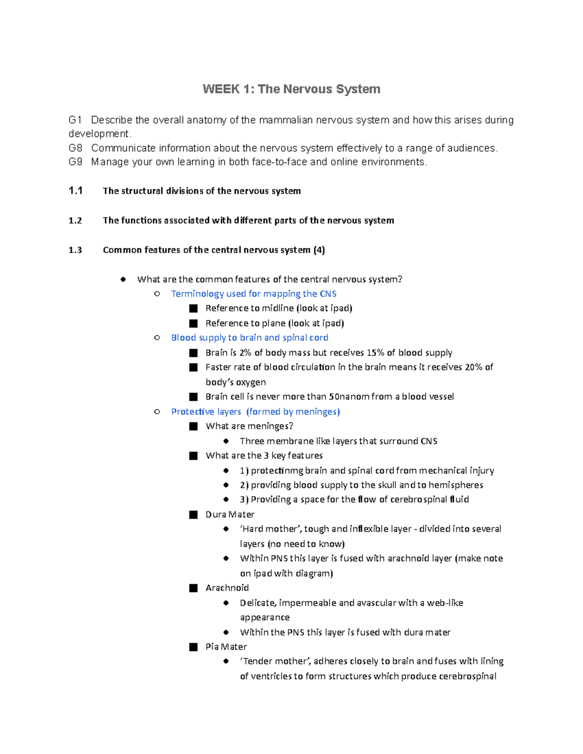 4 Pasnbio Notes on PPT - WEEK 1: The Nervous System G1 Describe the ...
