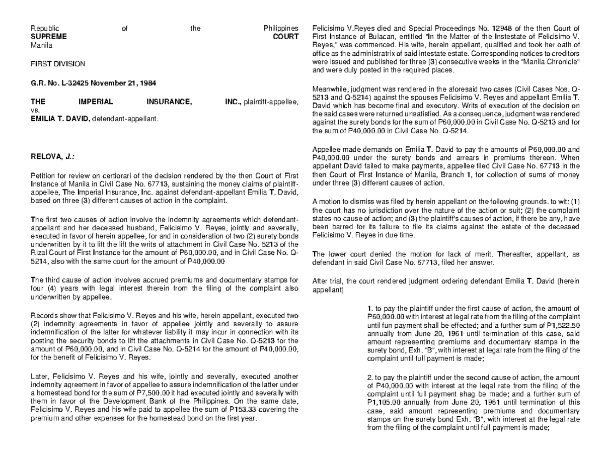 2 - THE IMPERIAL INSURANCE, INC., plaintiff-appellee, vs. EMILIA T ...