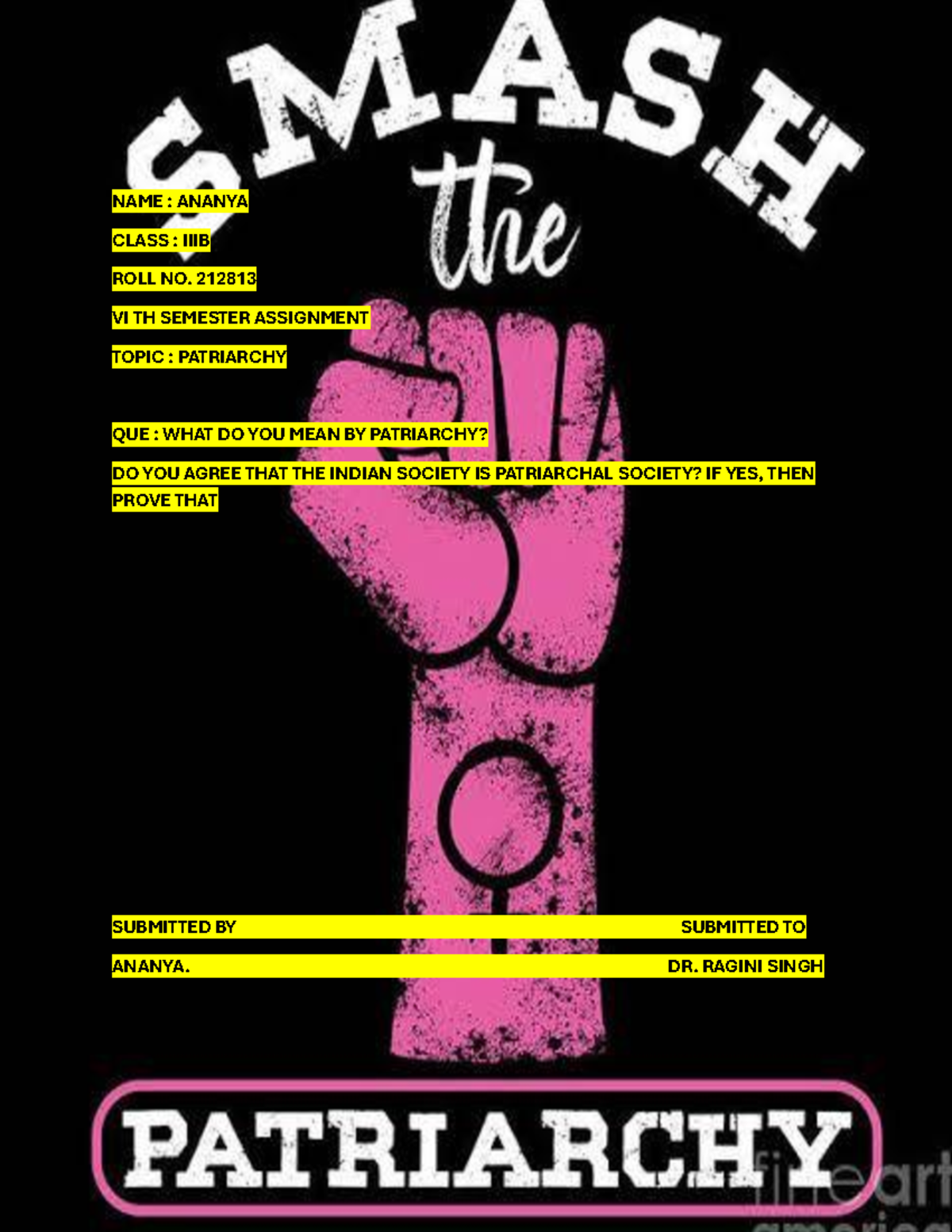 Patriarchy 6th sem - NAME : ANANYA CLASS : IIIB ROLL NO. 212813 VI TH ...