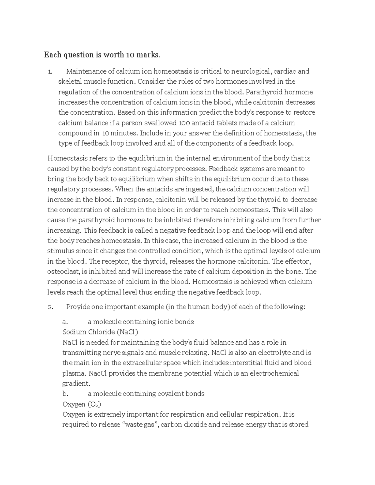 Biology 235 Assignment 1 - Each question is worth 10 marks. Maintenance ...