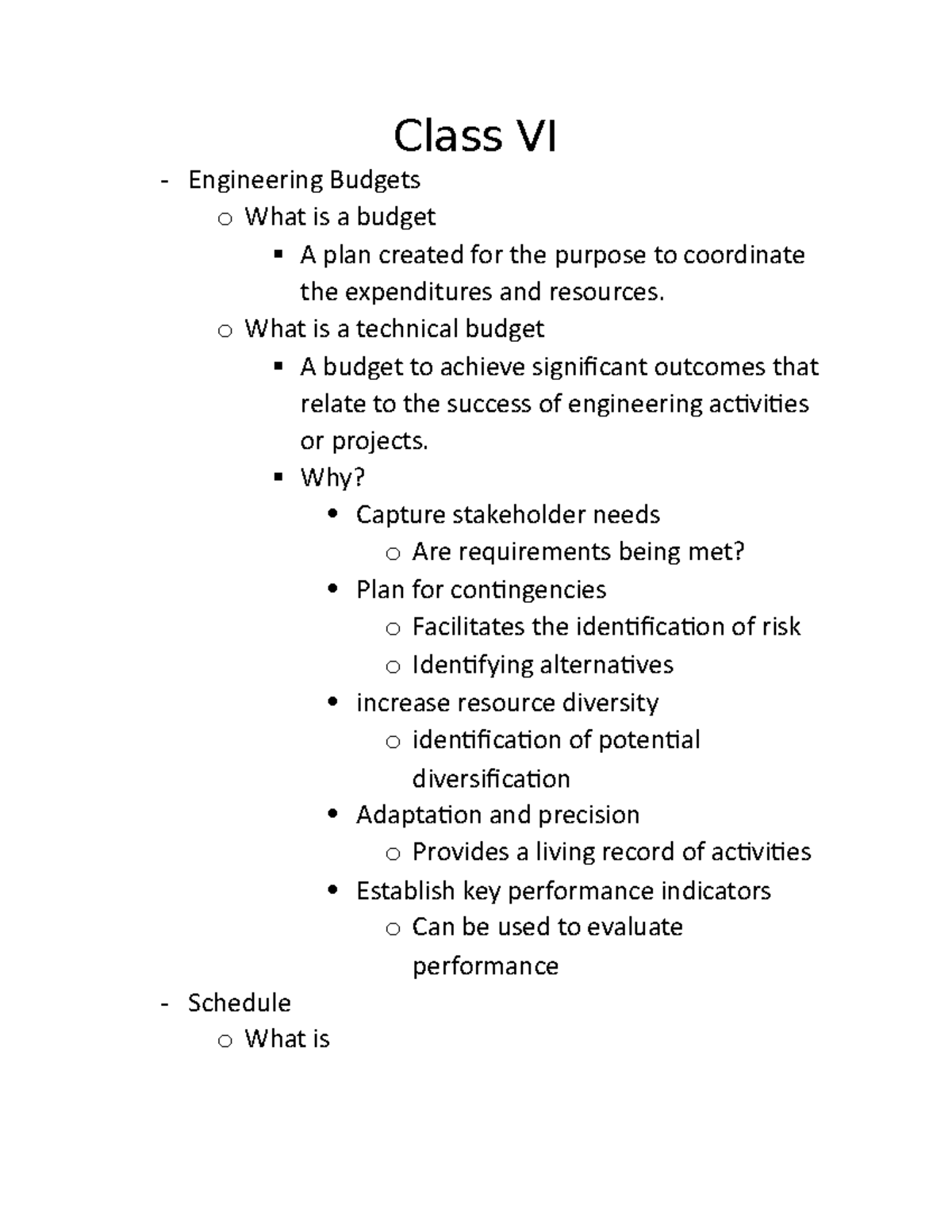 Class VI Notes on how to use budget and schedule like Grantt Chart on