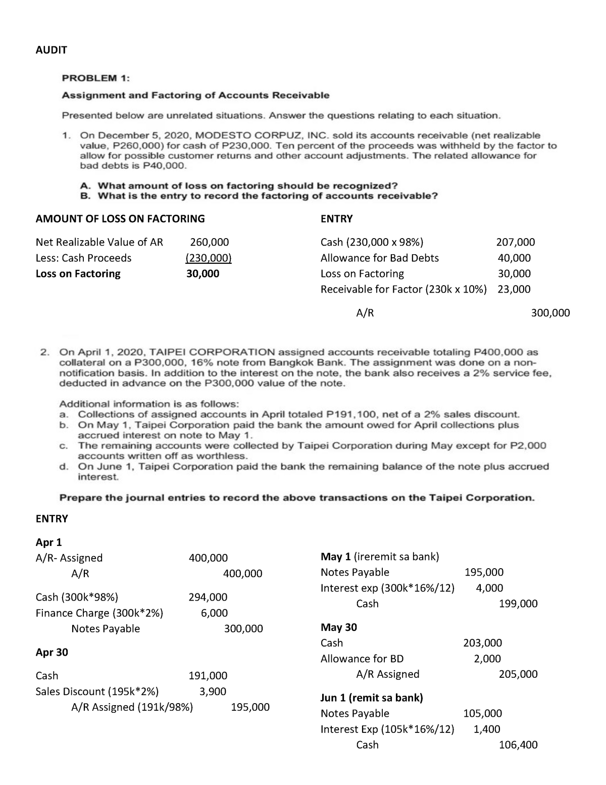 Audit- Receivables - Lecture Notes 1 - AUDIT Loss On Factoring 30, A/R ...