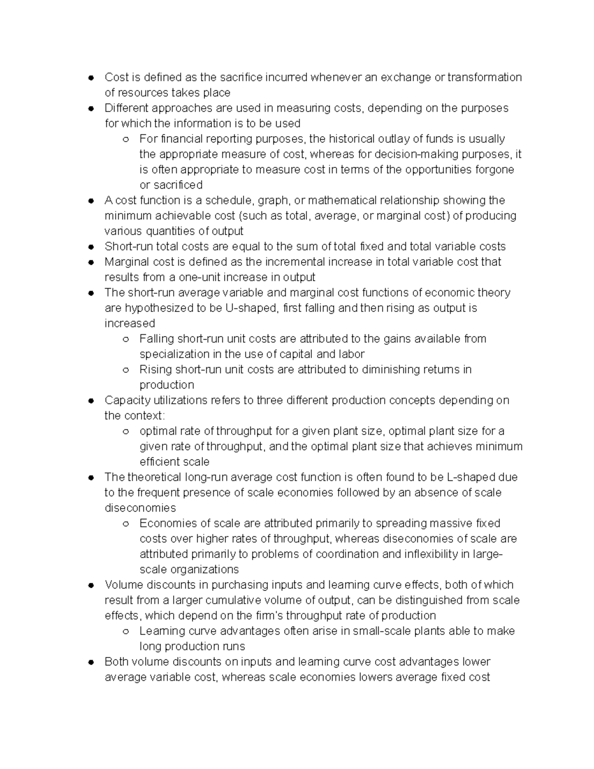 Managerial Economics Chapter 8 Summary - Cost is defined as the ...