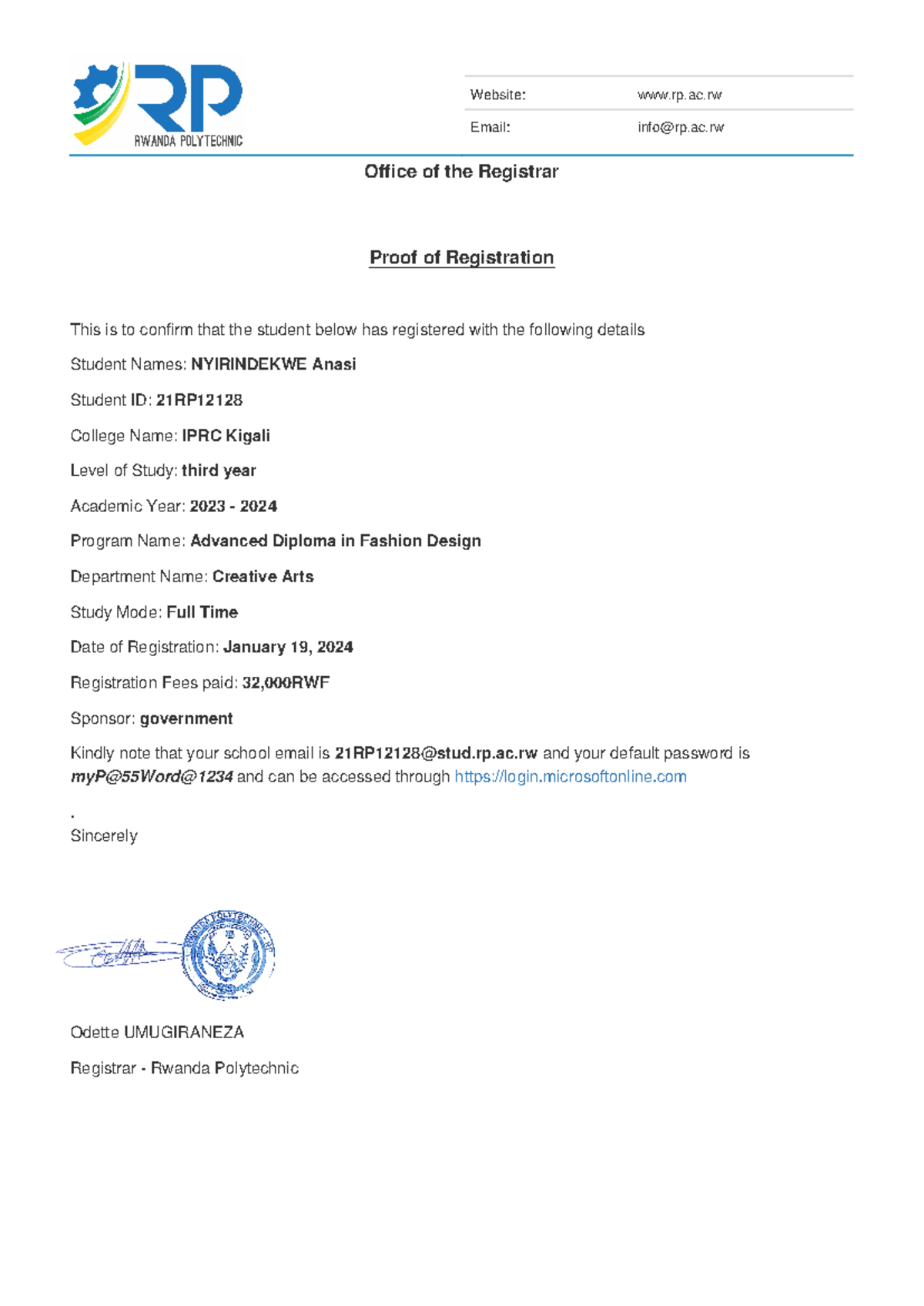 Document - Website: rp.ac Email: info@rp.ac Office of the Registrar ...