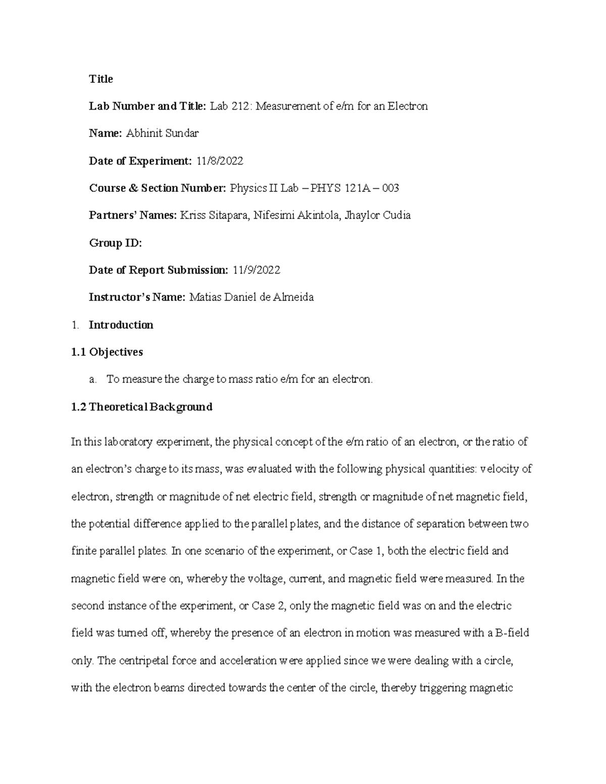 Lab 212 Measurement of e m For an Electron Title Lab Number and