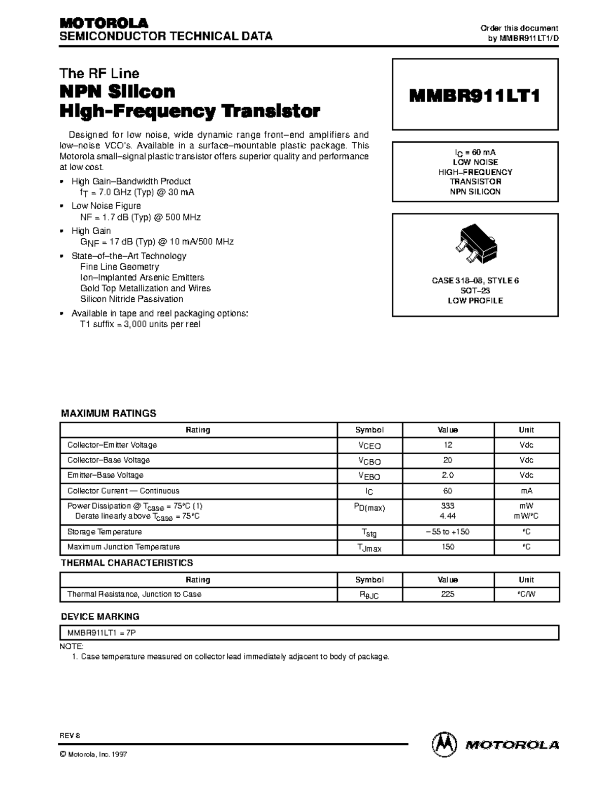 MMBR911LT1 Motorola Inc MOTOROLA RF DEVICE DATA MMBR911LT The RF Line