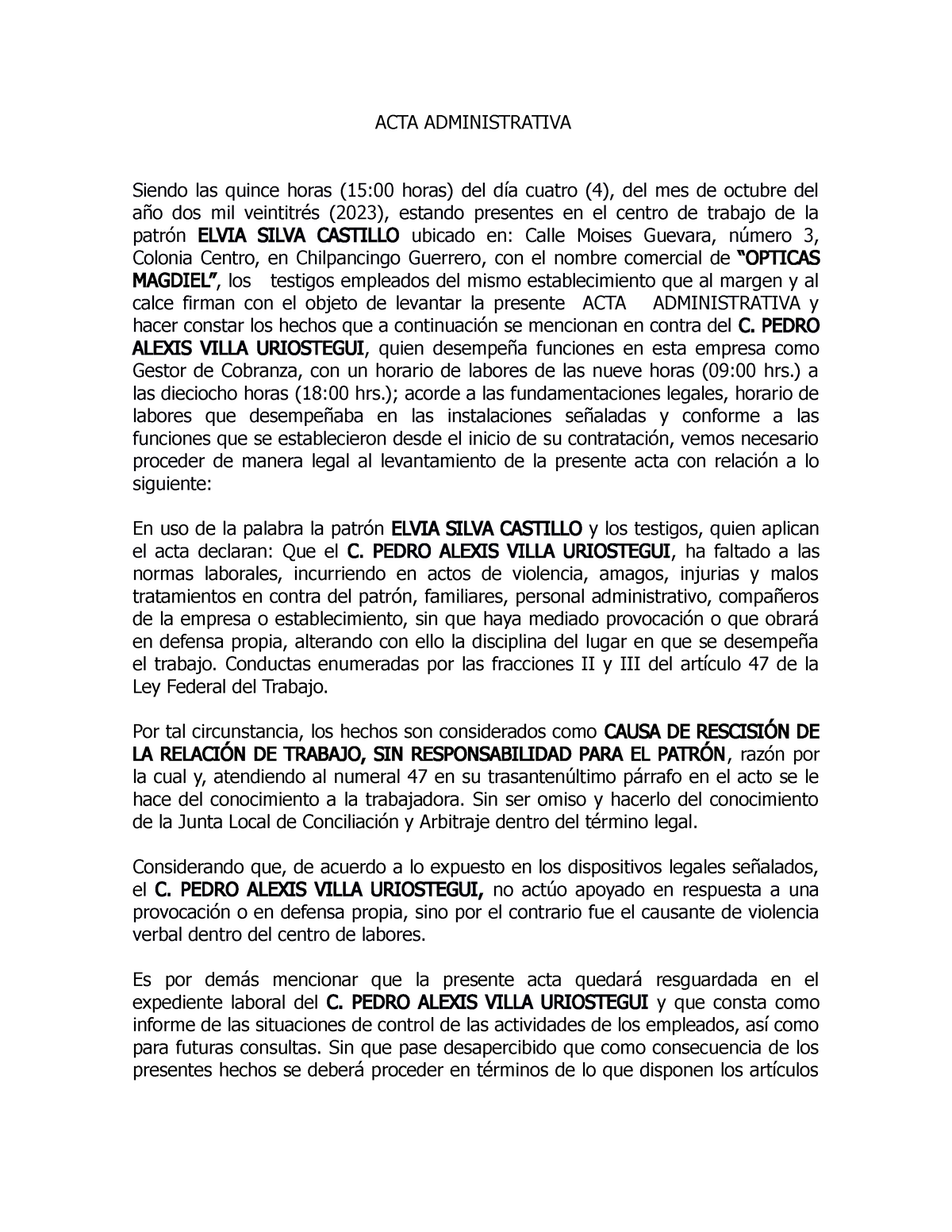 ACTA Administrativa Pedro Alexis - ACTA ADMINISTRATIVA Siendo las ...