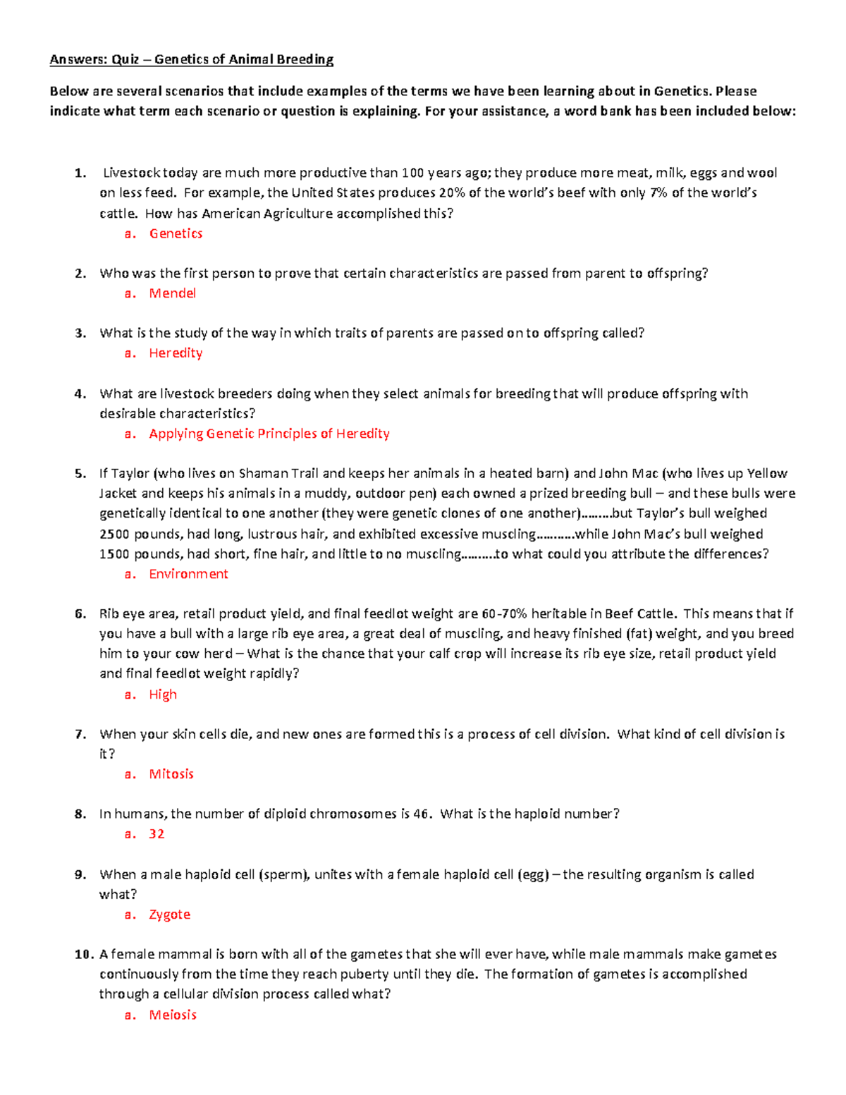 Answer Key Quiz Chapter 9 Genetics Answers Quiz Genetics Of Animal Breeding Below Are