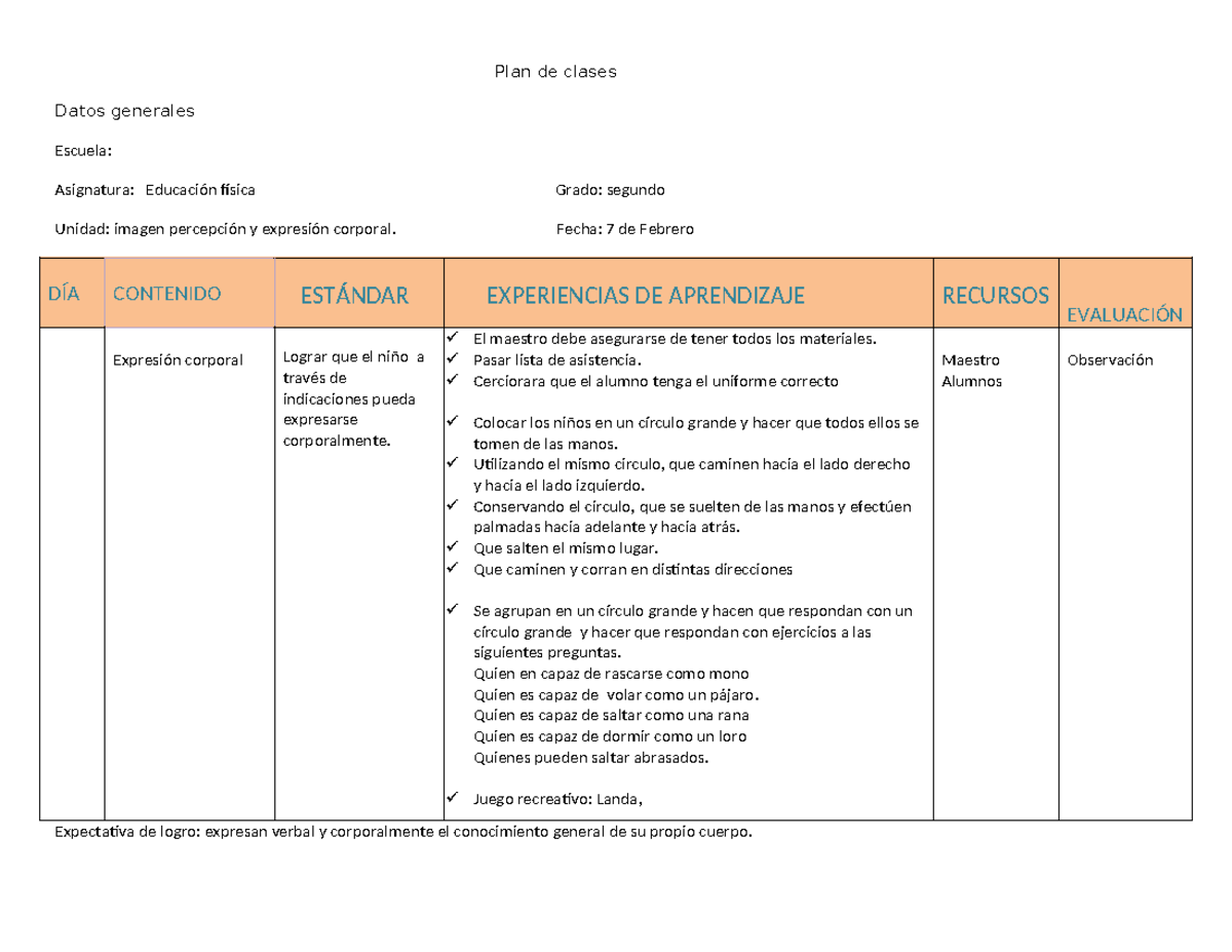 Plan de clases Educacion fisica - Datos generales Escuela: Asignatura