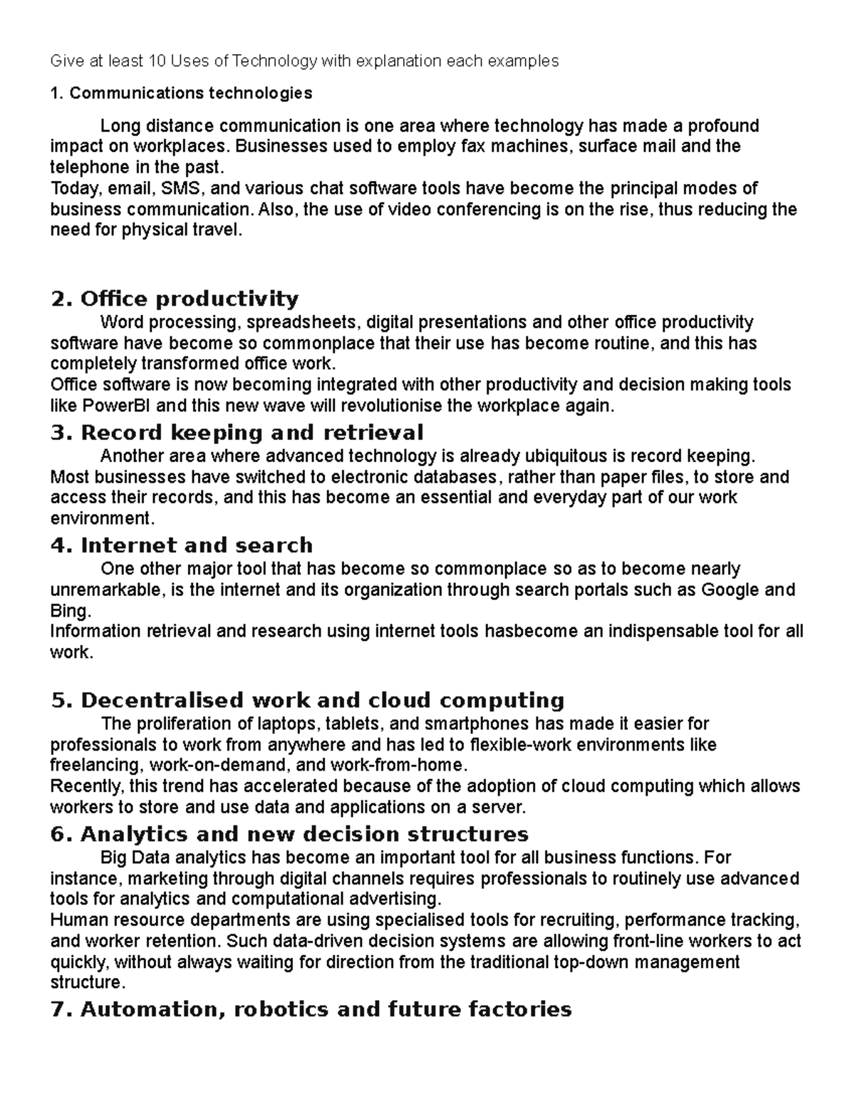 Arat na - Give at least 10 Uses of Technology with explanation each ...