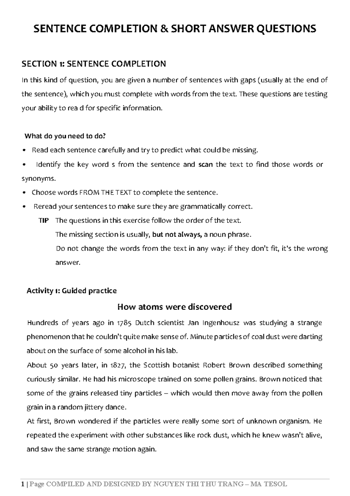 Sentence Completion & Short Answer Questionsupdated SENTENCE