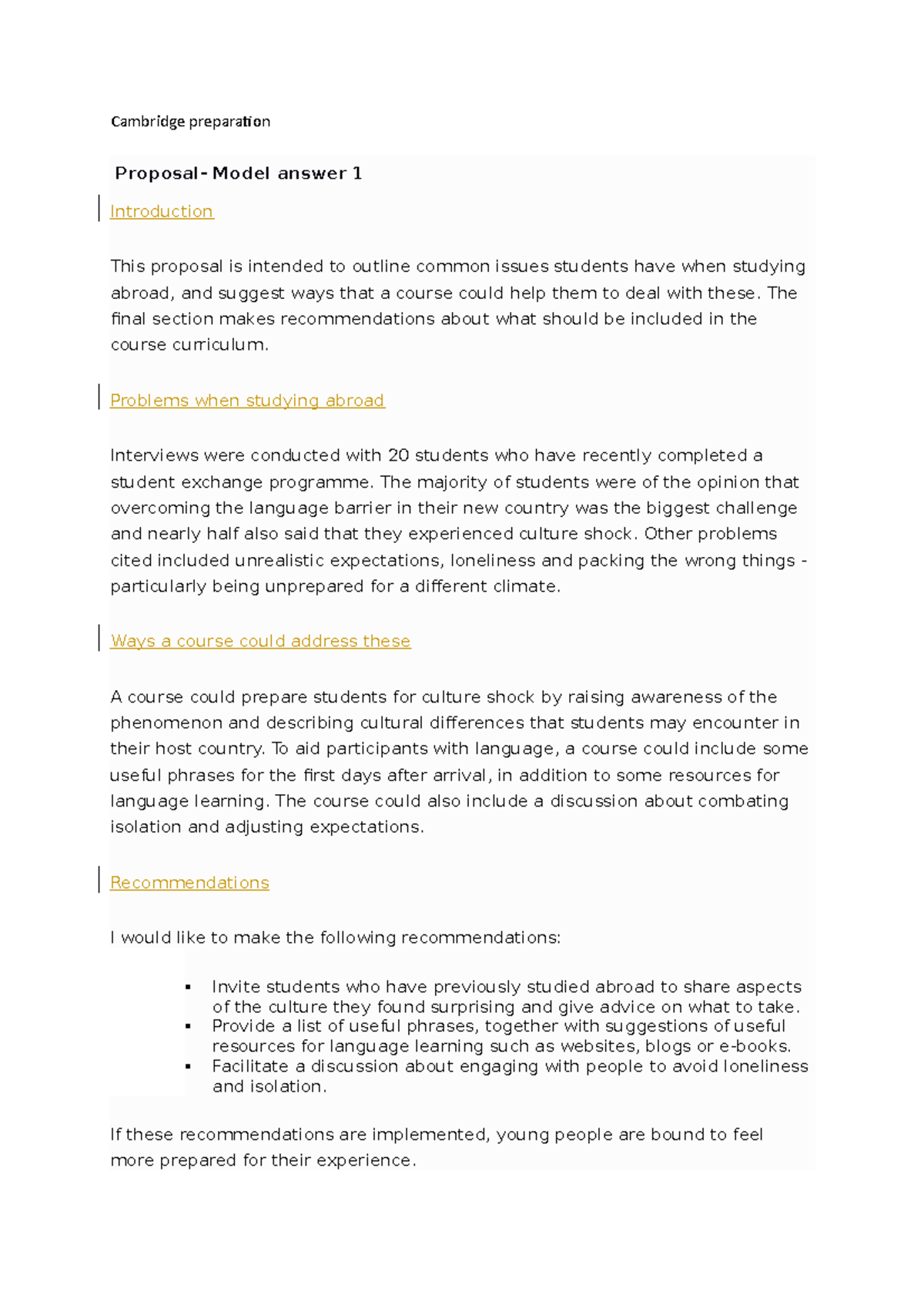 Cambridge preparation - Cambridge preparation Proposal- Model answer 1 ...