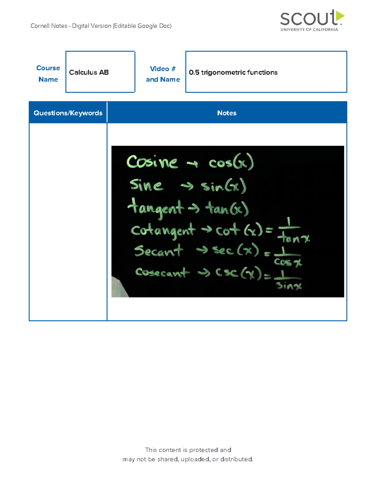 Cal 0.5 trigonometric function - MATH 125g - Cornell Notes - Digital ...