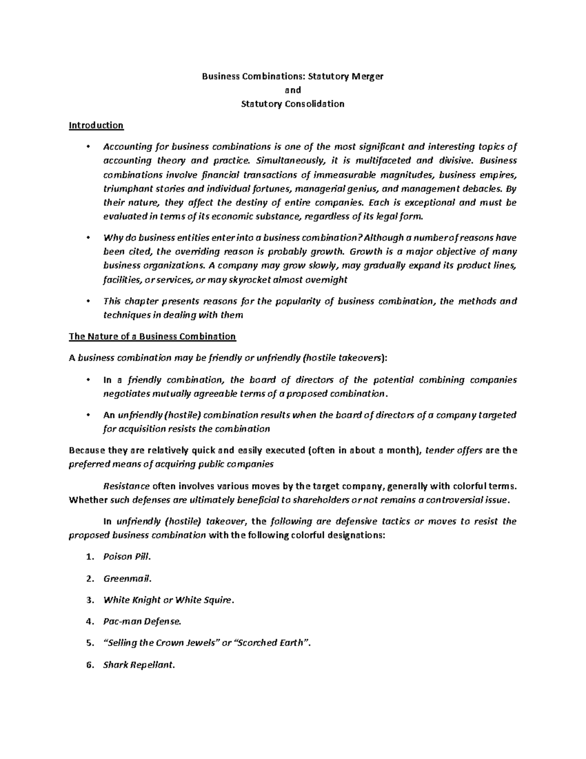 Chapter 1 Business Combinations Business Combinations Statutory