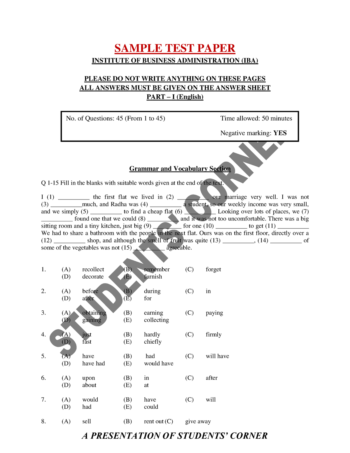 IBA Sample Test Paper - SAMPLE TEST PAPER INSTITUTE OF BUSINESS ...