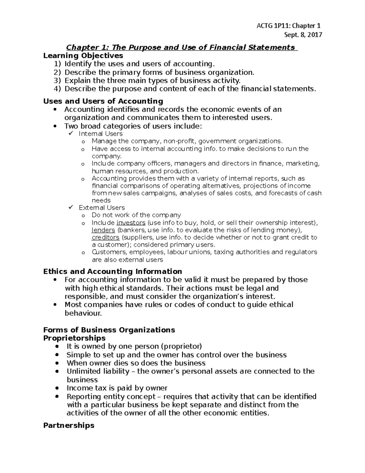 Actg Chapter 1 - Lecture Notes - Glenn - Sept. 8, 2017 Chapter 1: The ...