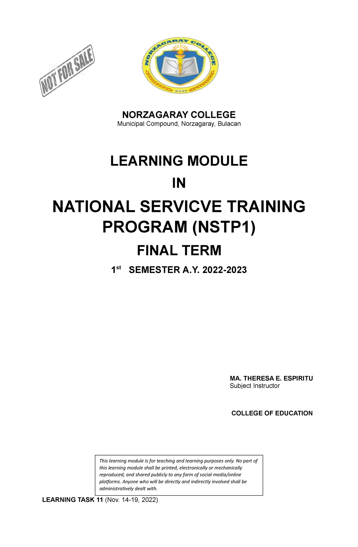 NSTP1- Final- Module - NSTP - NORZAGARAY COLLEGE Municipal Compound ...