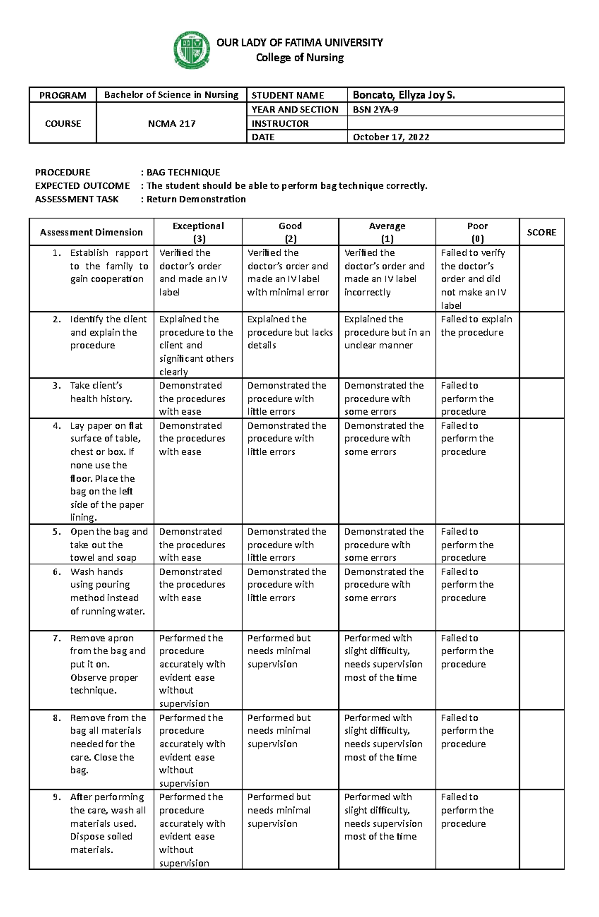 BAG- Technique- Rubrics - OUR LADY OF FATIMA UNIVERSITY College of ...