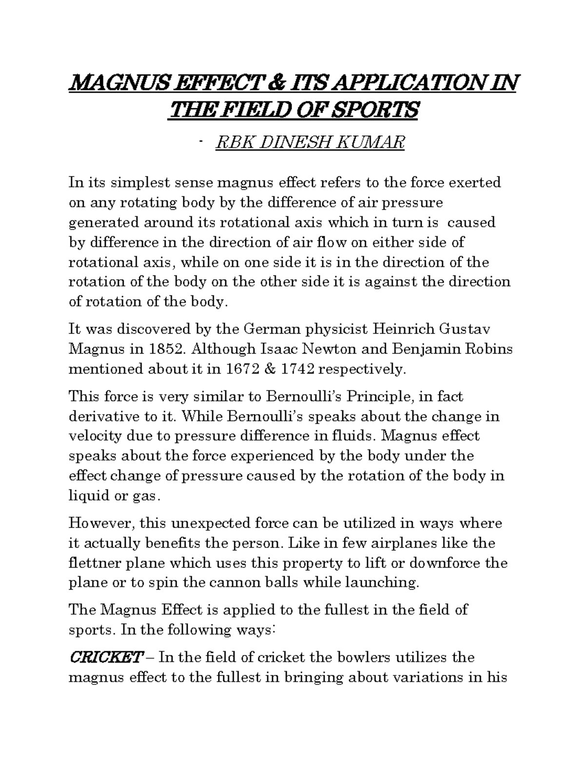 Magnus Effect report - MAGNUS EFFECT & ITS APPLICATION IN THE FIELD OF ...