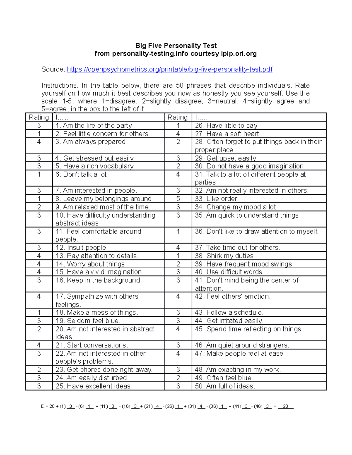 Org B. Big Five Personality Test - Big Five Personality Test From ...