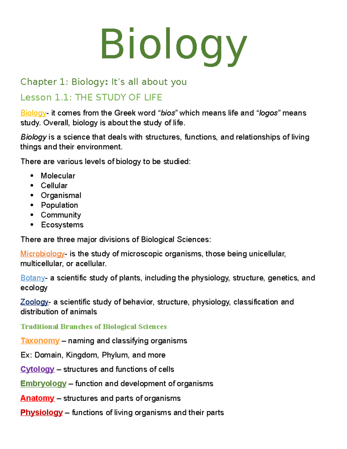 Biology Chapter 1 AND 2 - Lecture notes 1-2 - Science, Technology ...