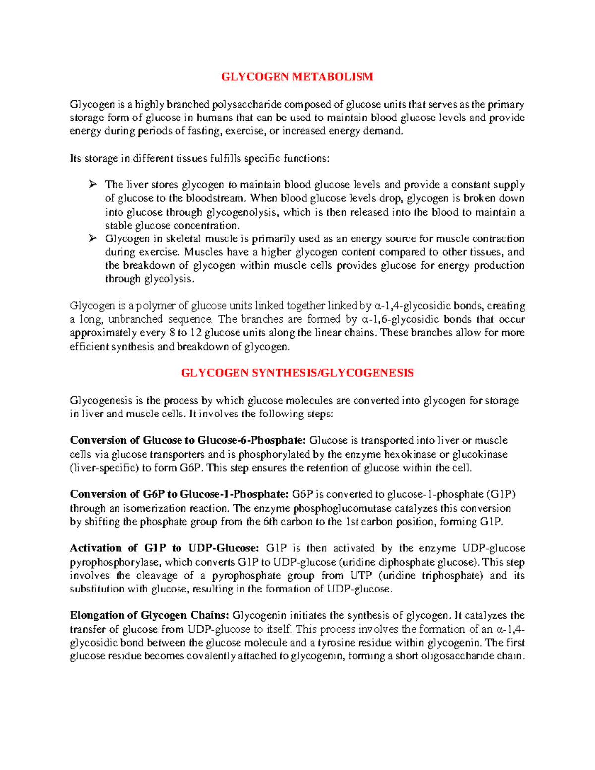 Lecture 6 Glycogen Metabolism - GLYCOGEN METABOLISM Glycogen is a ...