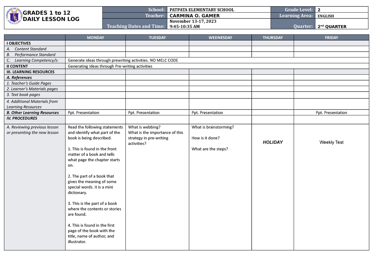 DLL English 2 Q2 Week-2 - GRADES 1 To 12 DAILY LESSON LOG School ...