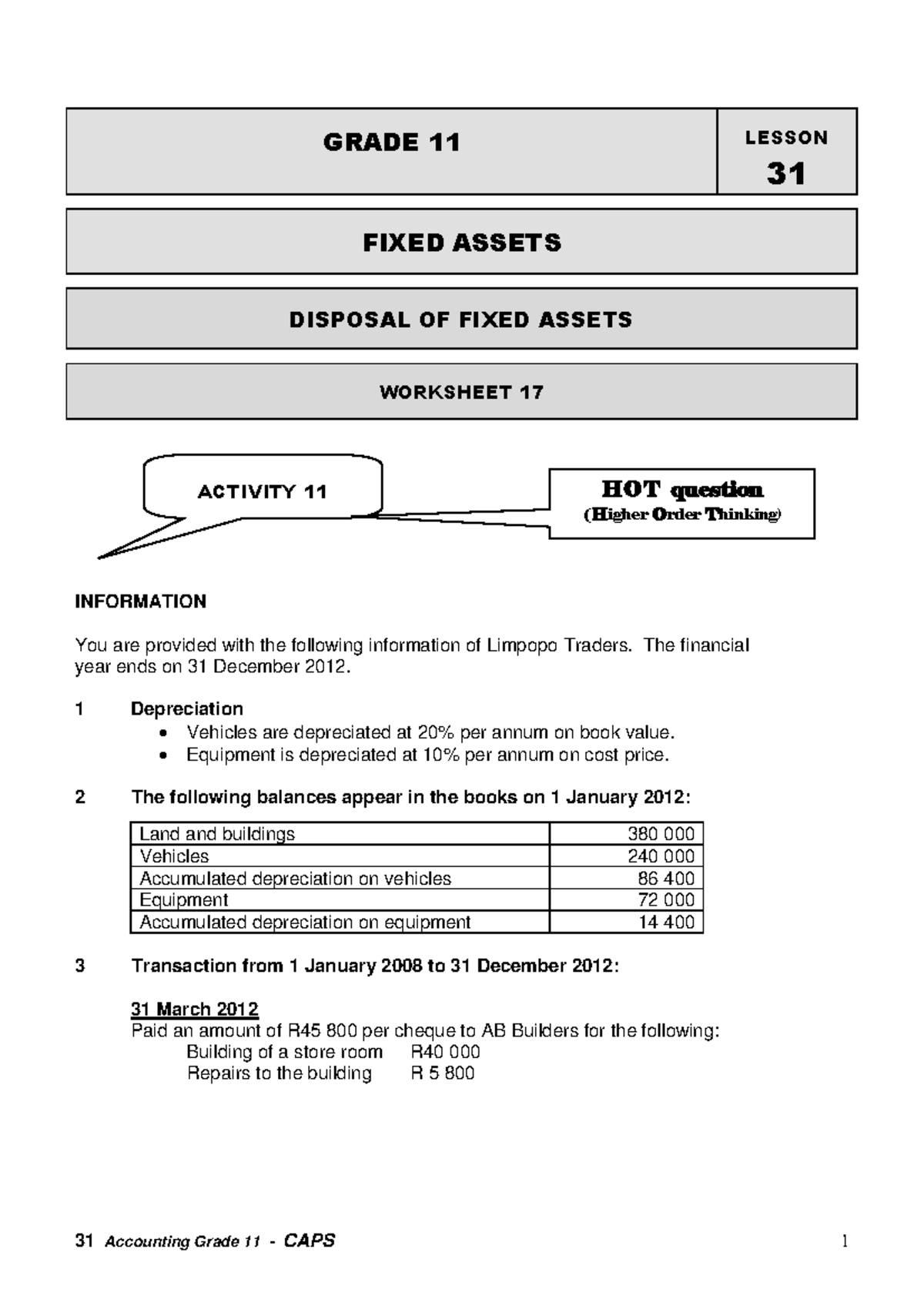 Fixed asset - GRADE 11 LESSON 31 FIXED ASSETS DISPOSAL OF FIXED ASSETS ...