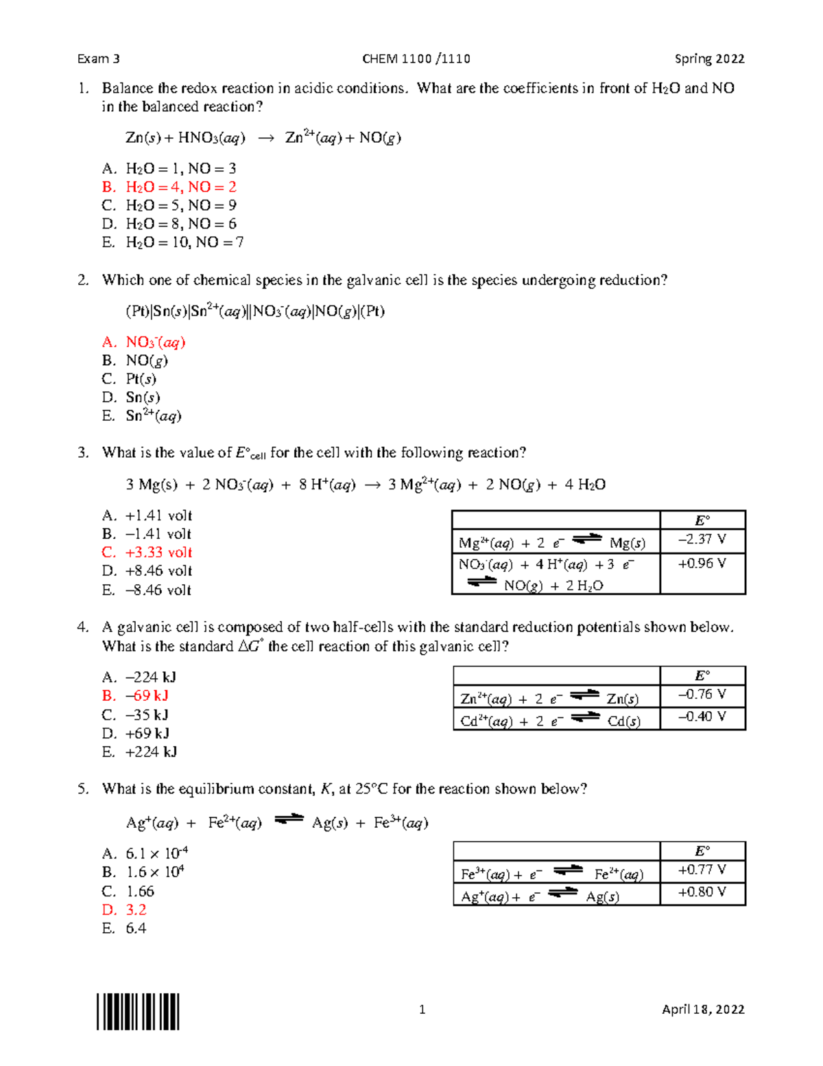 Chem 2 Exam 3 S2022 Form A - 1 April 18, 2022 Balance The Redox 