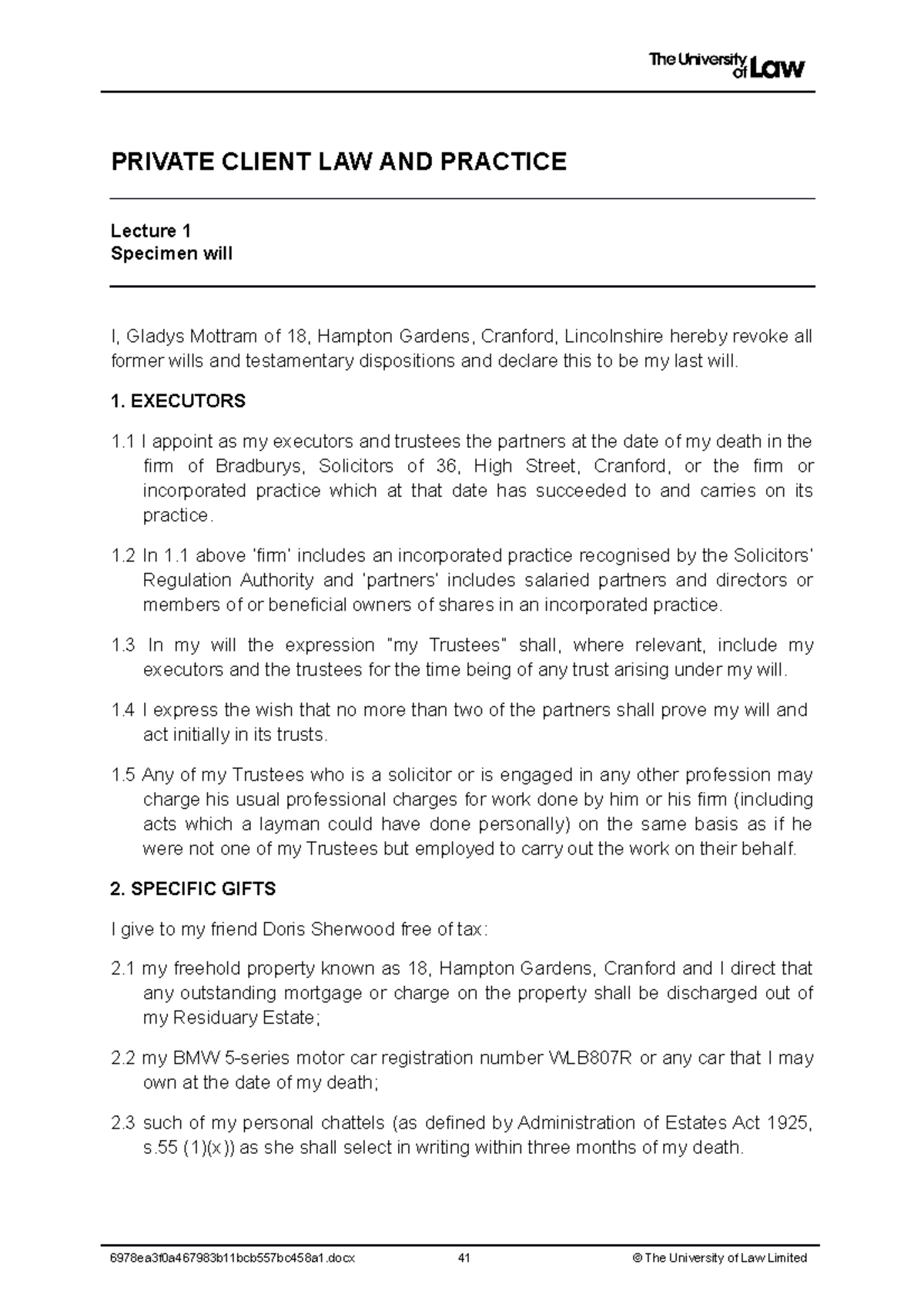 2122 priv lec01 ce01 specimen will - PRIVATE CLIENT LAW AND PRACTICE ...