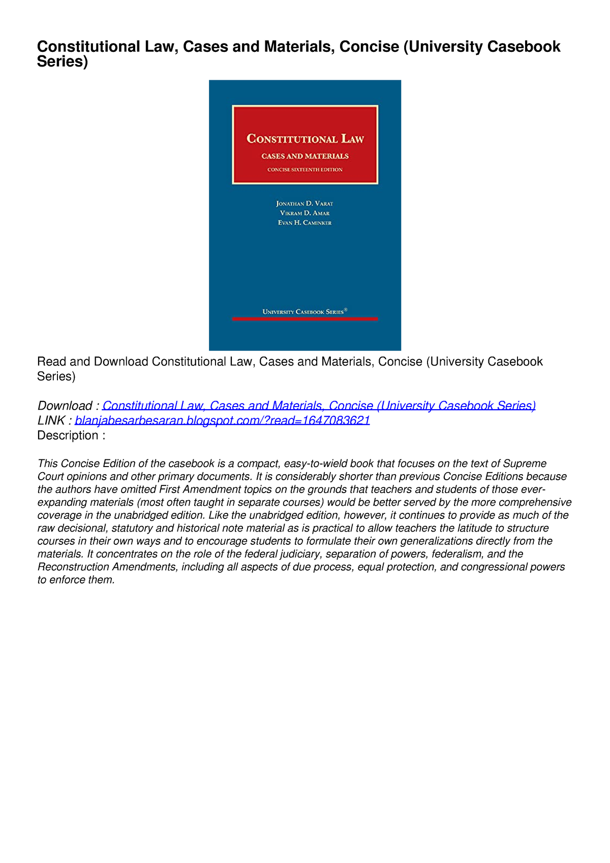 READ/DOWNLOAD Constitutional Law, Cases And Materials, Concise ...