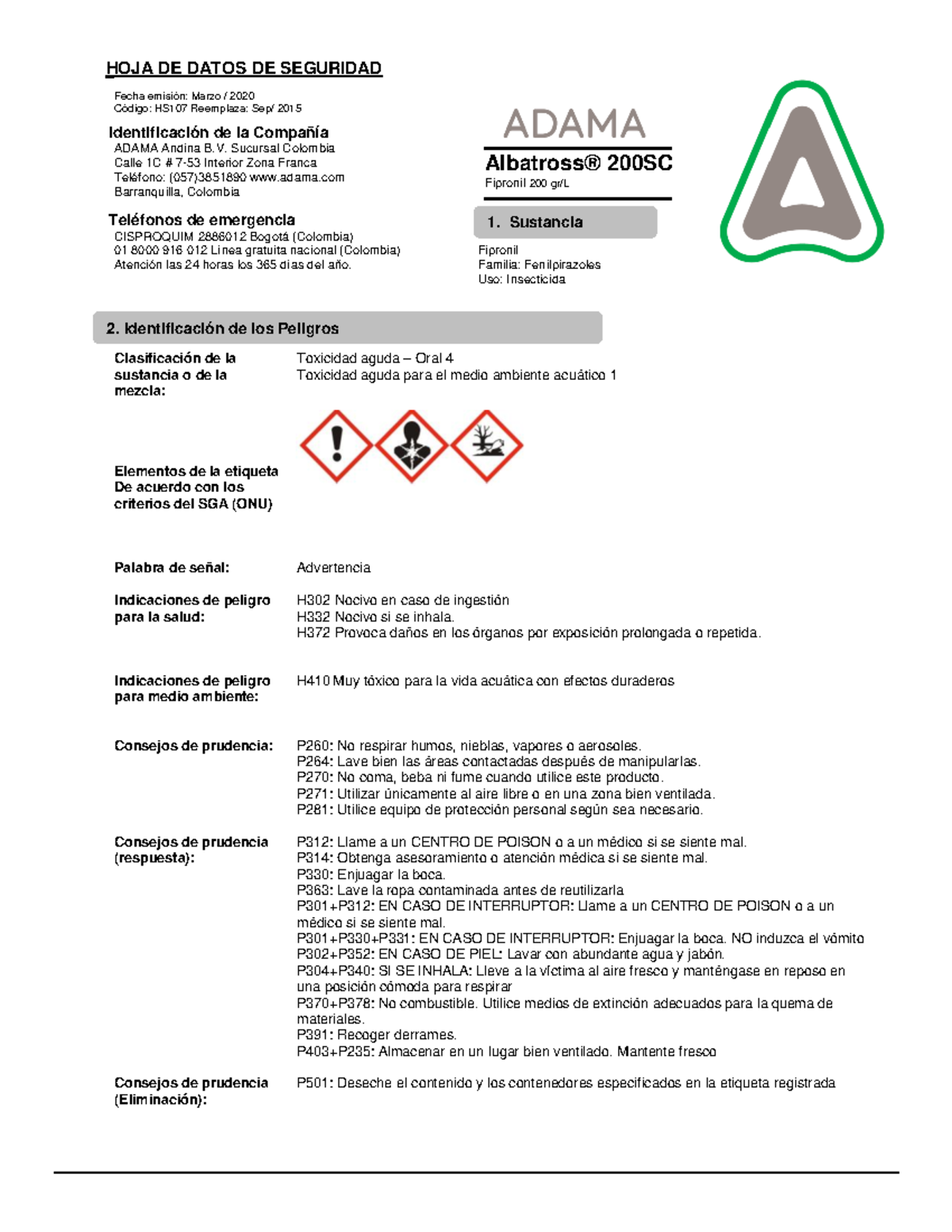 16. Insecticida - HOJA DE DATOS DE SEGURIDAD Fecha emisión: Marzo / 20 ...