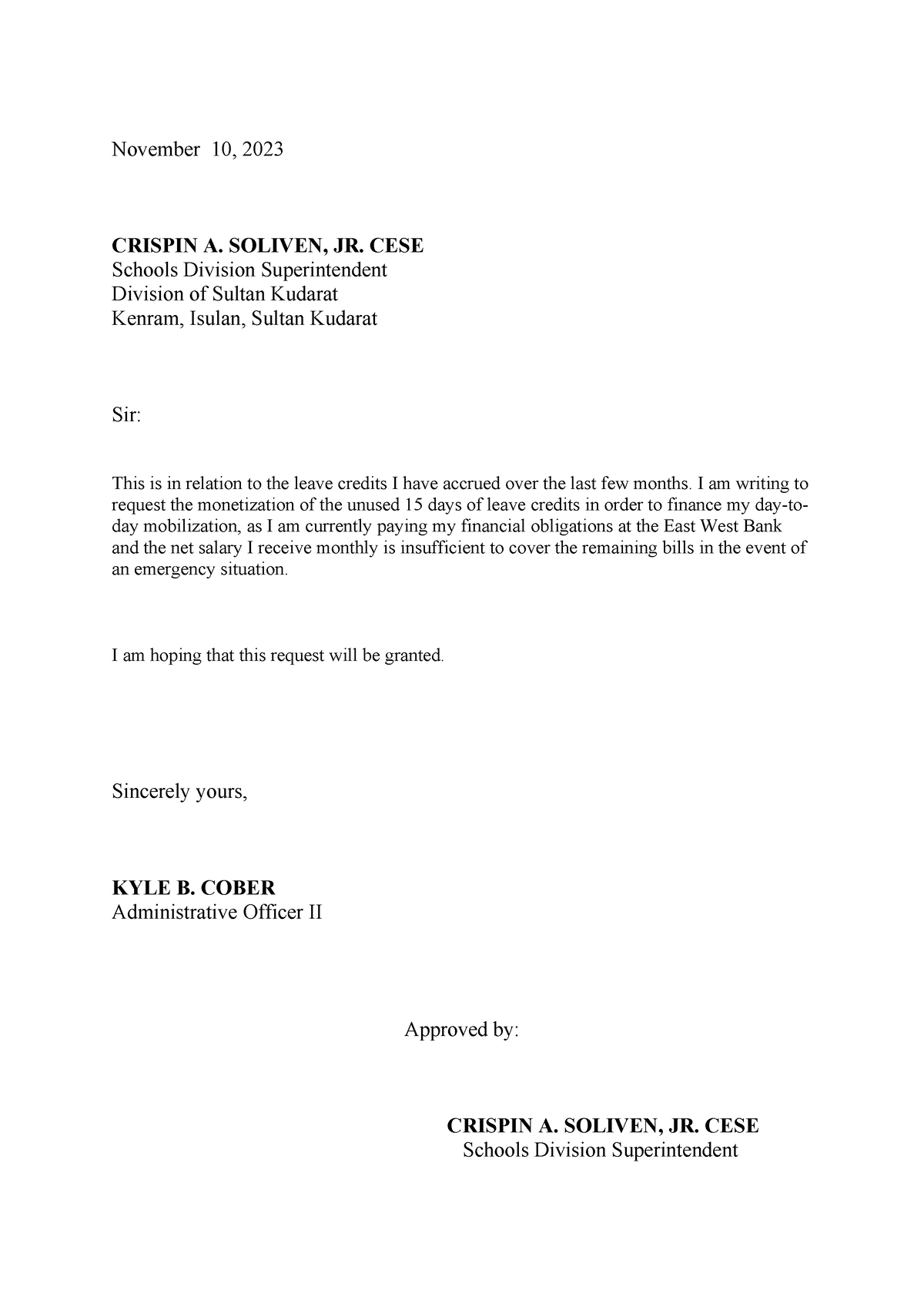 Business Letter And Memorandum Kyle B - November 10 , 2023 Crispin A 