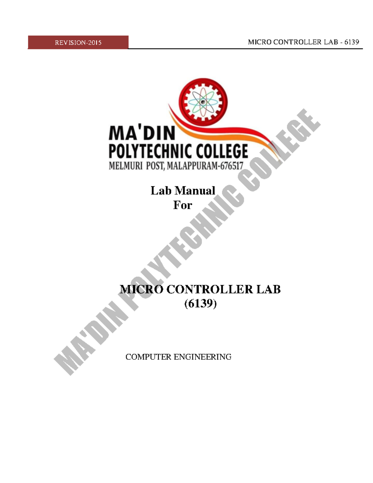 6139 Microcontroller LAB - Lab Manual For MICRO CONTROLLER LAB (6139 ...