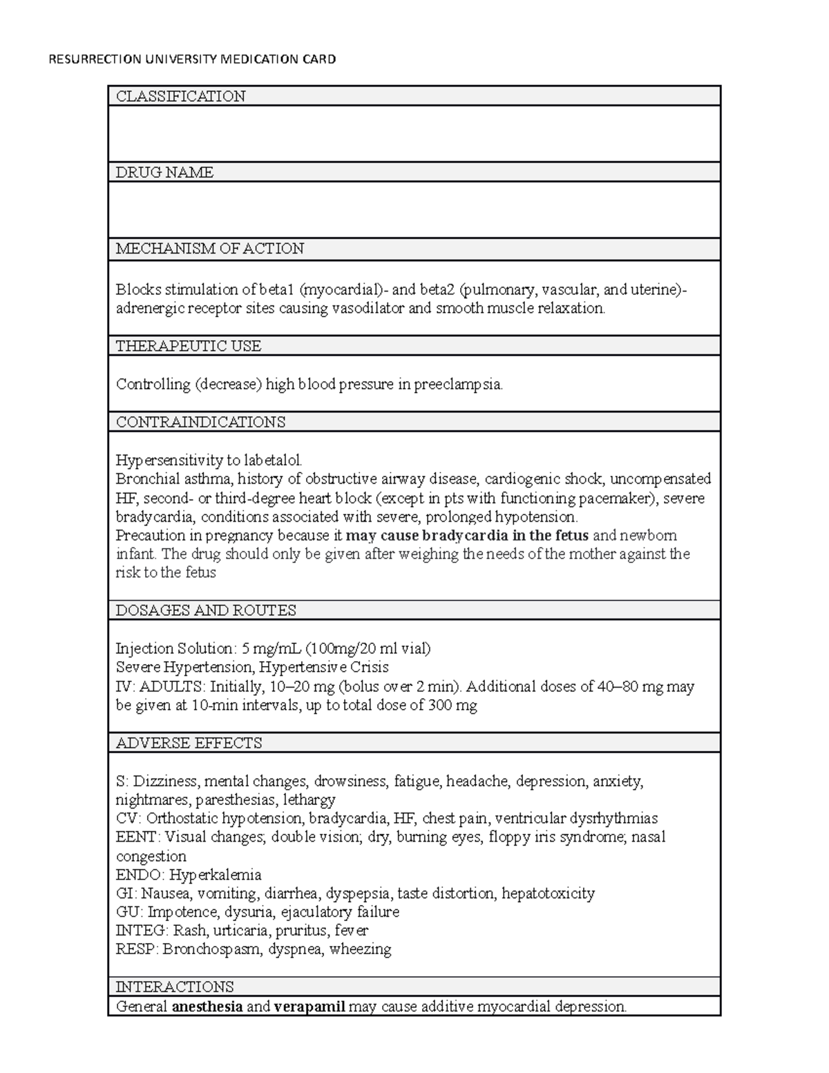 Labetalol med RESURRECTION UNIVERSITY MEDICATION CARD