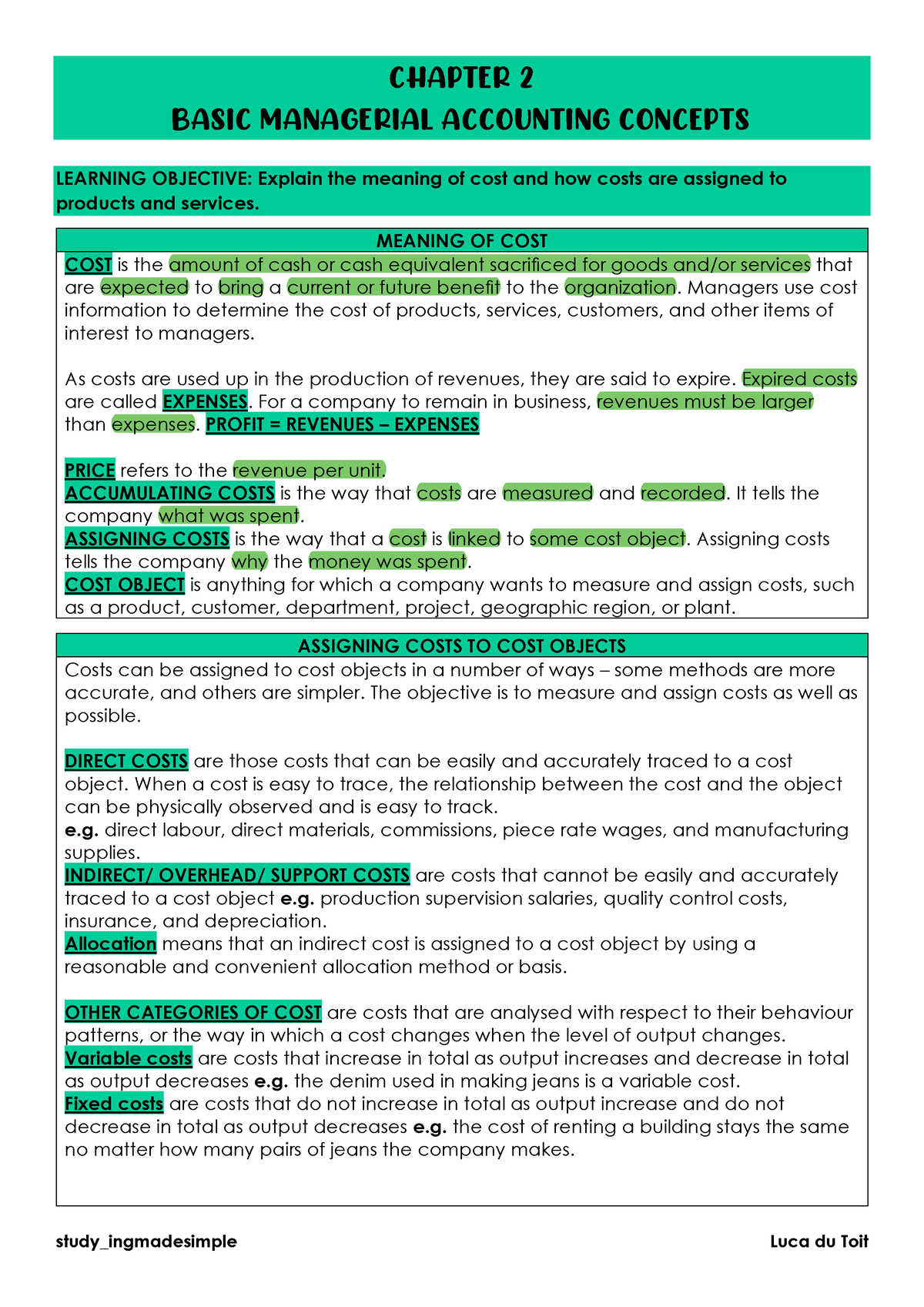 Chapter 2 Summary - CHAPTER 2 BASIC MANAGERIAL ACCOUNTING CONCEPTS ...