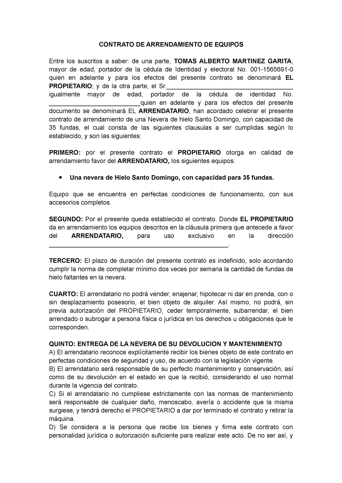 Contrato De Arrendamiento De Equipos Contrato De Arrendamiento De Equipos Entre Los Suscritos 0357