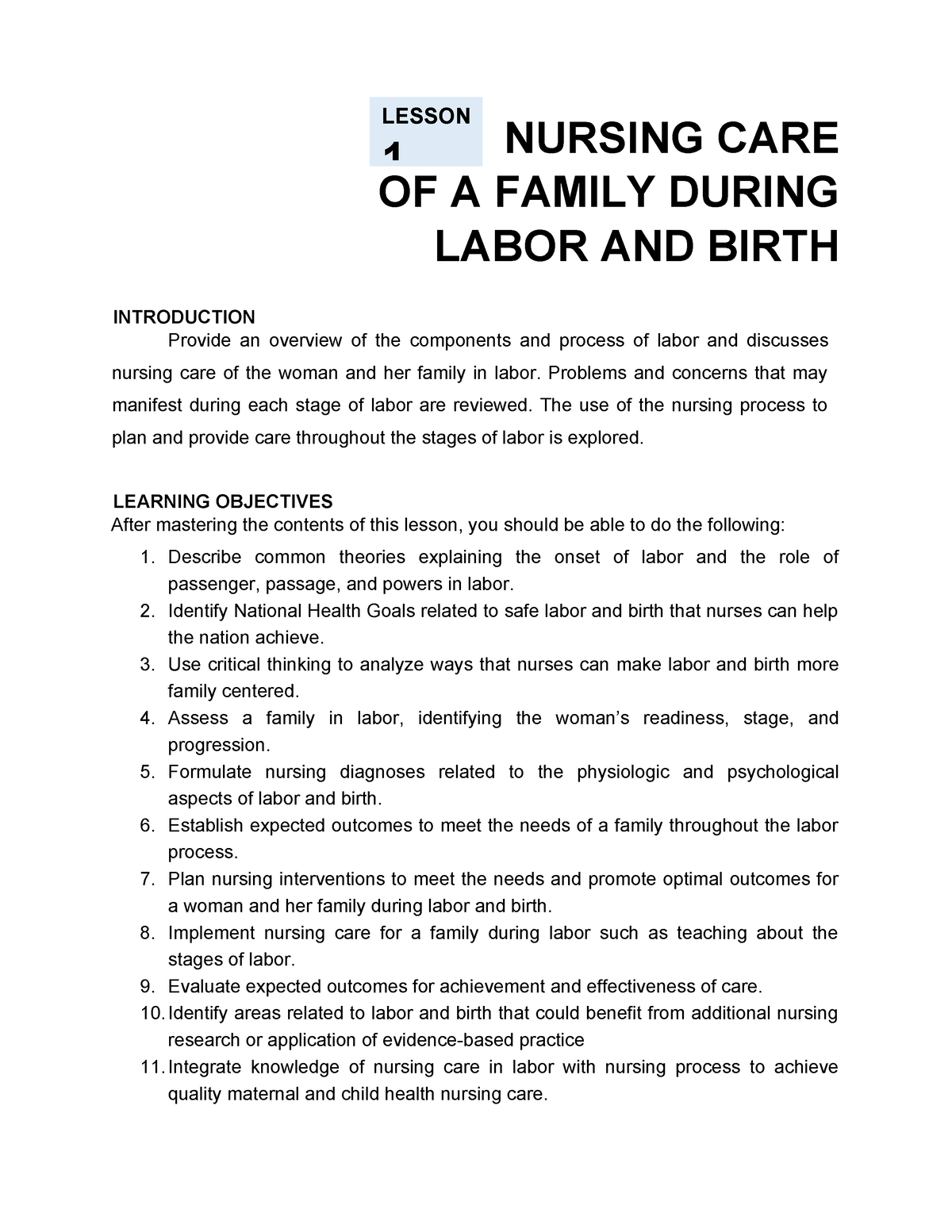 Lesson-1 4 - Note - NURSING CARE OF A FAMILY DURING LABOR AND BIRTH ...