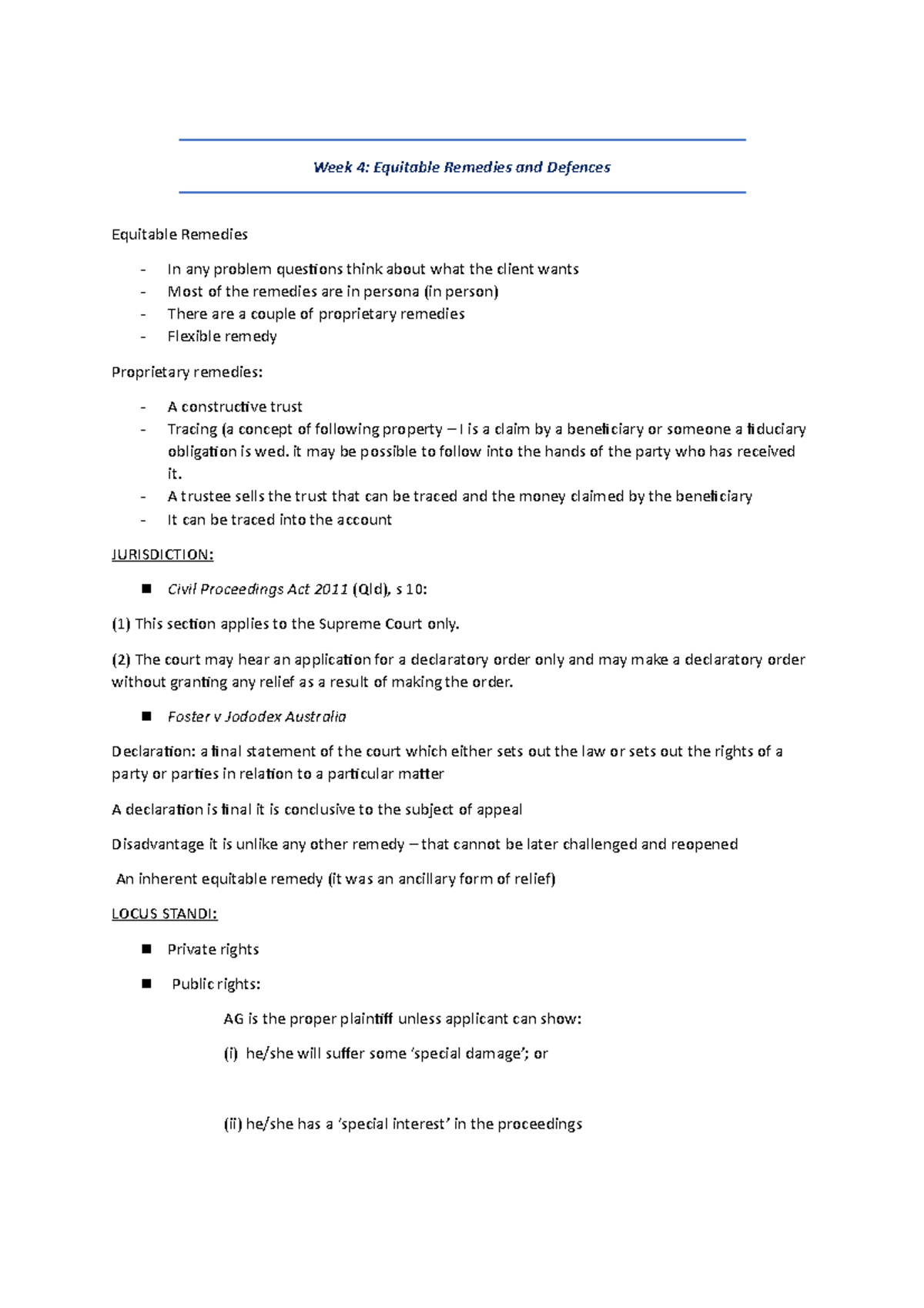 Equity Lecture Notes - Week 4: Equitable Remedies and Defences ...