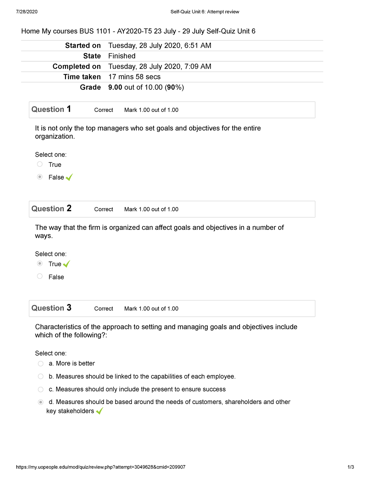 Self-Quiz Unit 6 Attempt Review - BUS 1101 - UoPeople - Studocu