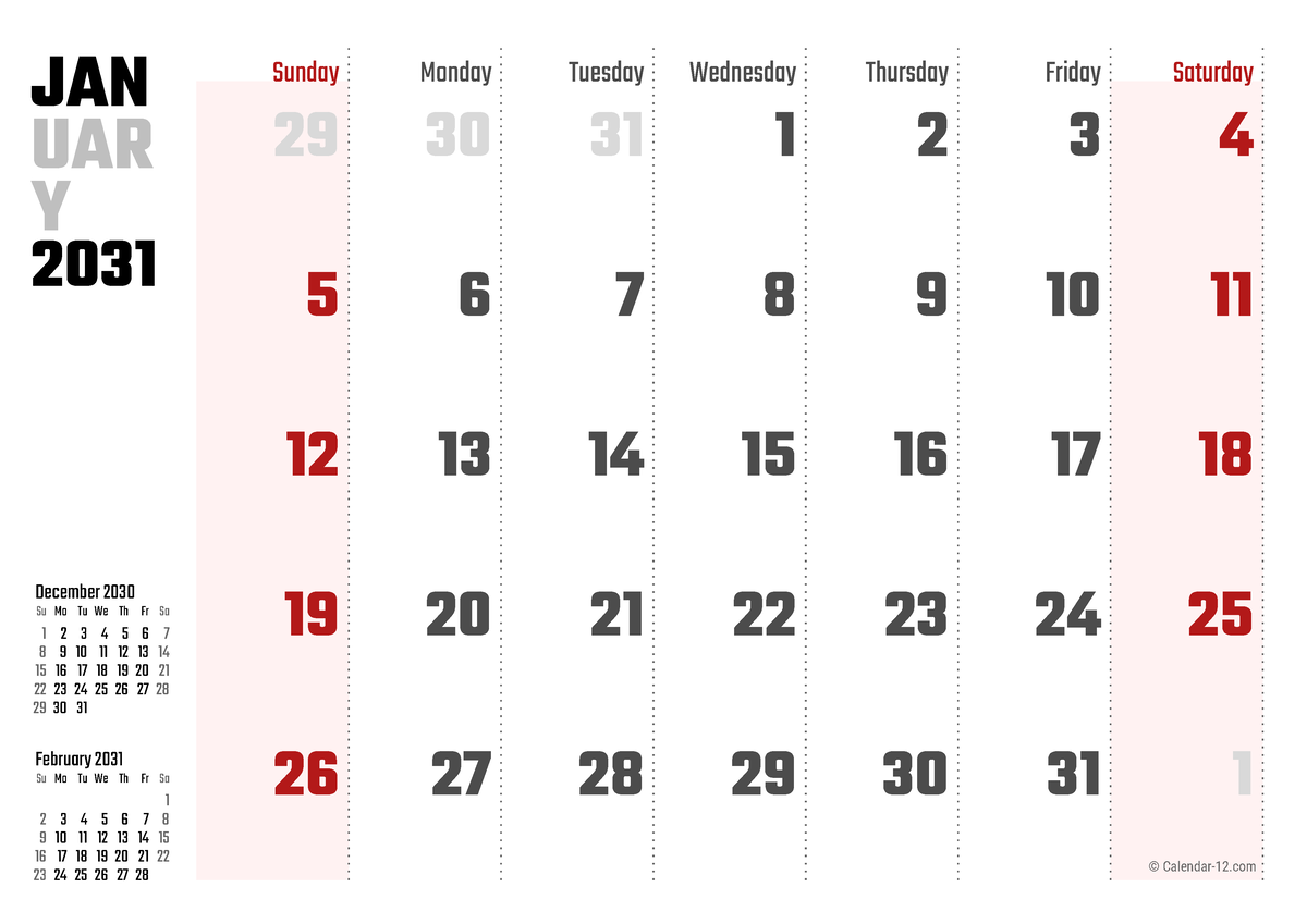 January - December 2031 - JAN UAR Y 2031 December 2030 Su Mo Tu We Th ...