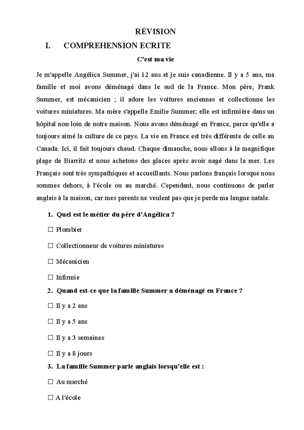 Revision TIẾNG PHÁP 2 - RÉVISION I. COMPREHENSION ECRITE C'est ma vie ...